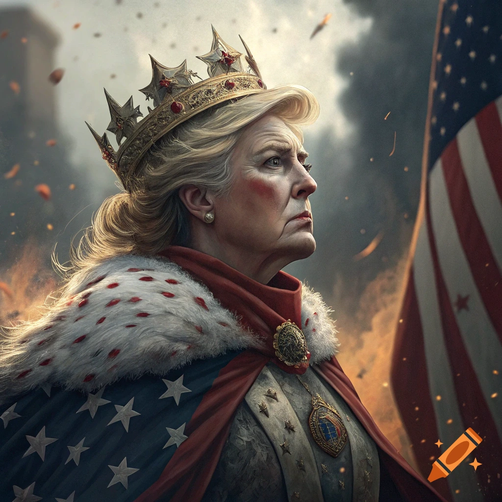 Donald Trump as a queen wearing a crown and American flag cape in a chaotic scene with a US flag.