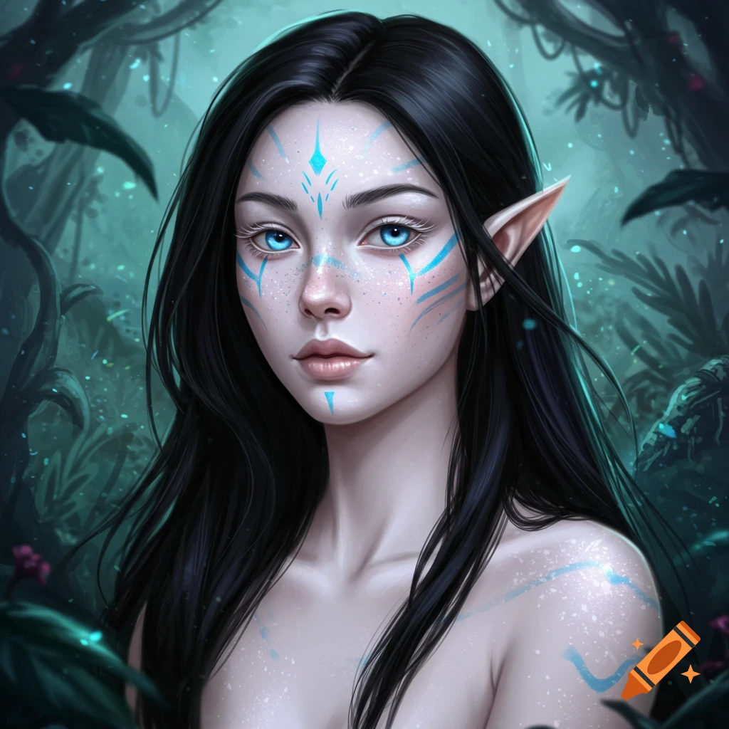 An elven girl with long black hair, blue eyes, and blue markings in a forest.