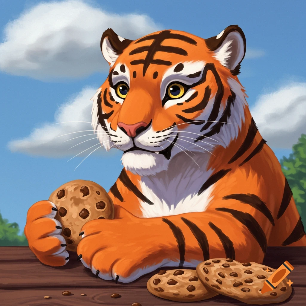 A friendly cartoon tiger holding a large chocolate chip cookie, with more cookies on a table.