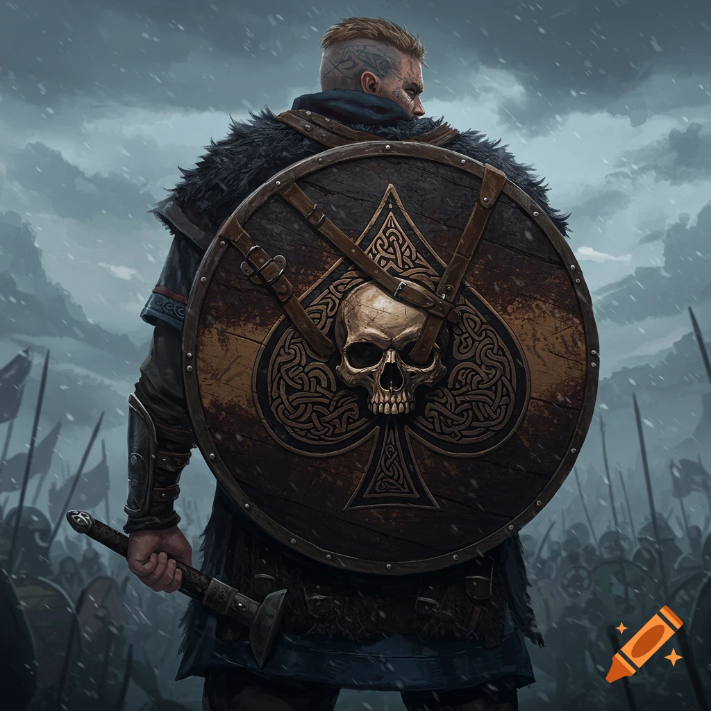A Viking warrior is seen from behind, holding a sword, with a shield on his back showing a skull and spade symbol. Snow falls.
