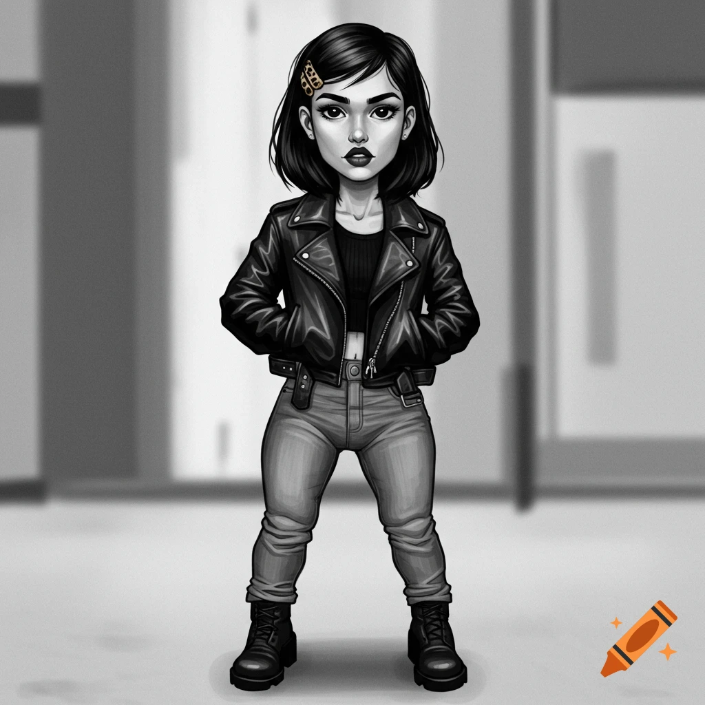 Black and white illustration of a stylish young woman in a leather jacket, jeans, and boots.