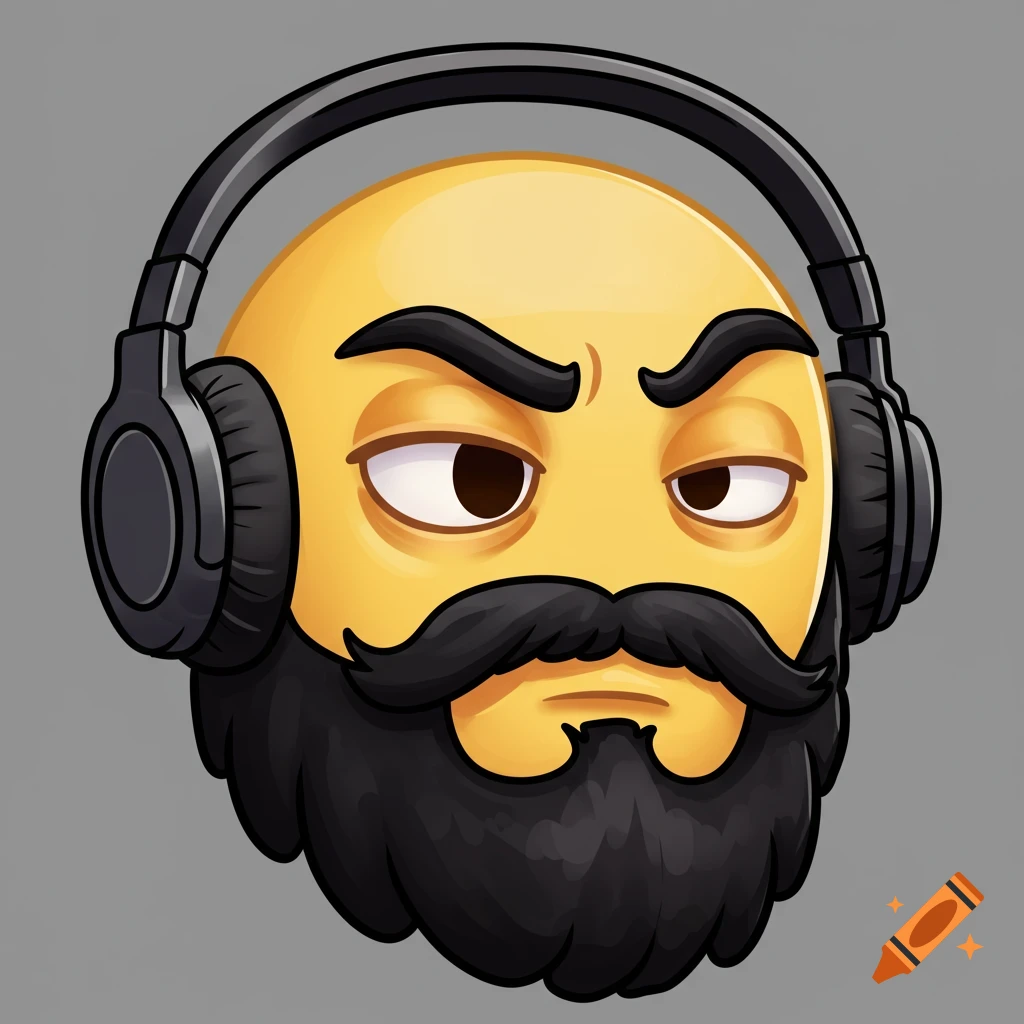 A yellow emoji-style head with black beard and headphones making an eye-roll expression.