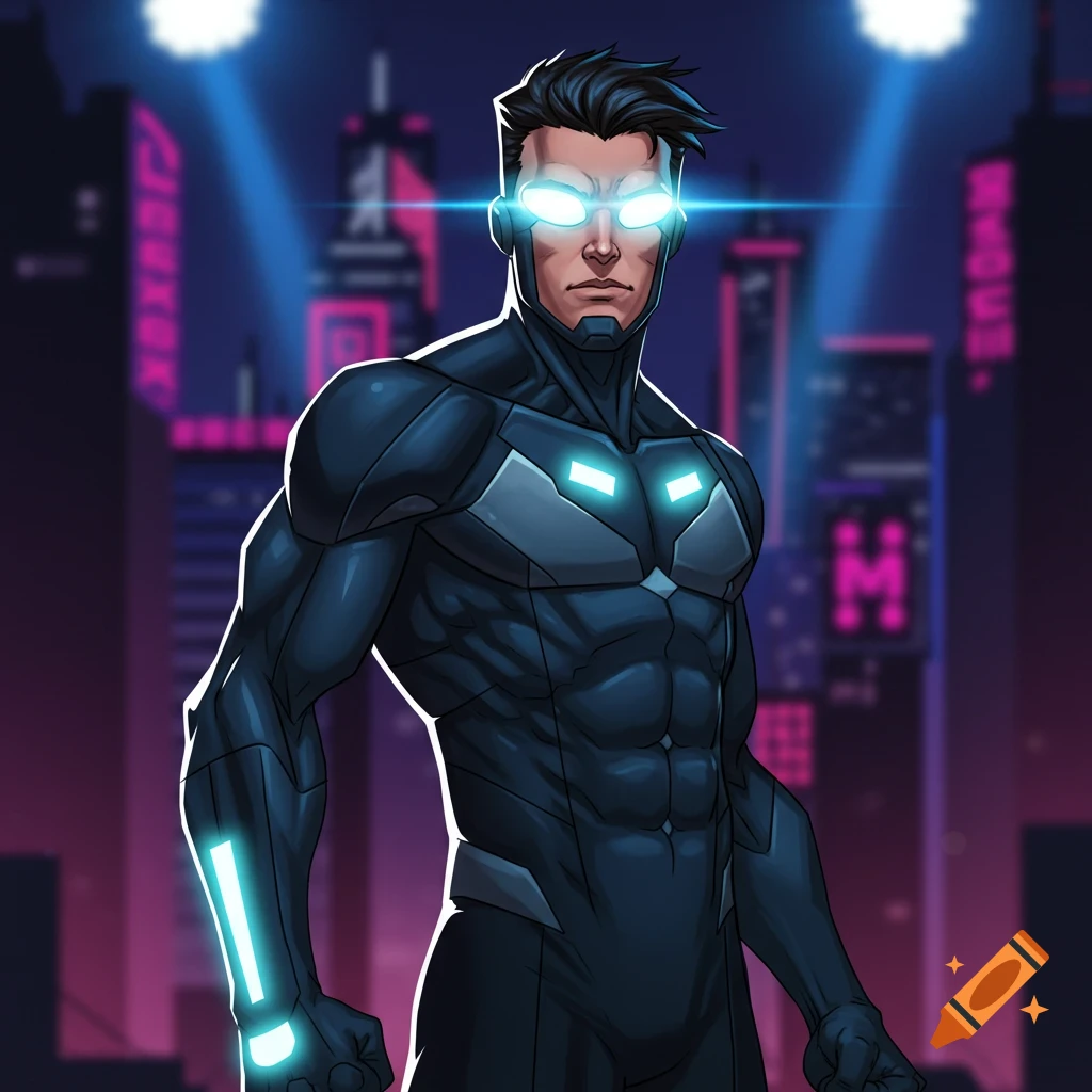 A superhero in a dark blue suit with glowing accents stands before a neon city skyline.