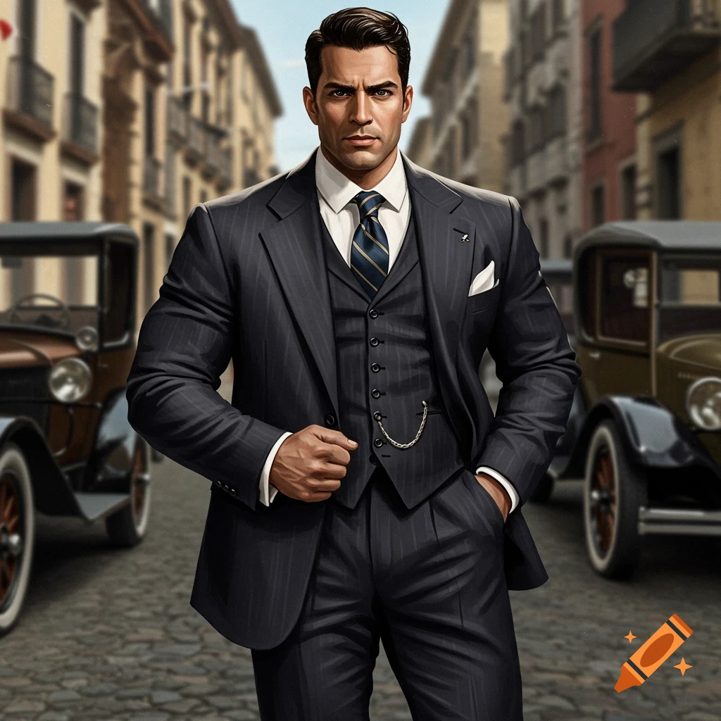 A man in a 1920s pinstripe suit stands on a cobblestone street with vintage cars behind him.