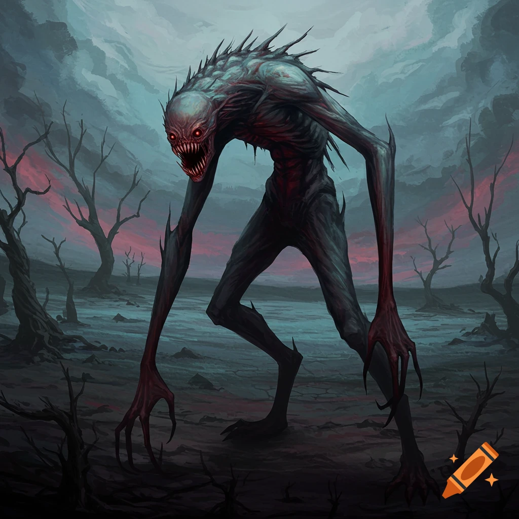 A monstrous creature with sharp teeth and spikes stands in a desolate, dark landscape.