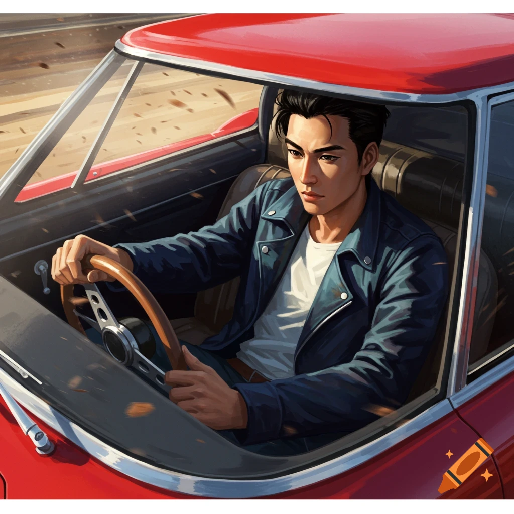 A man driving a red car.