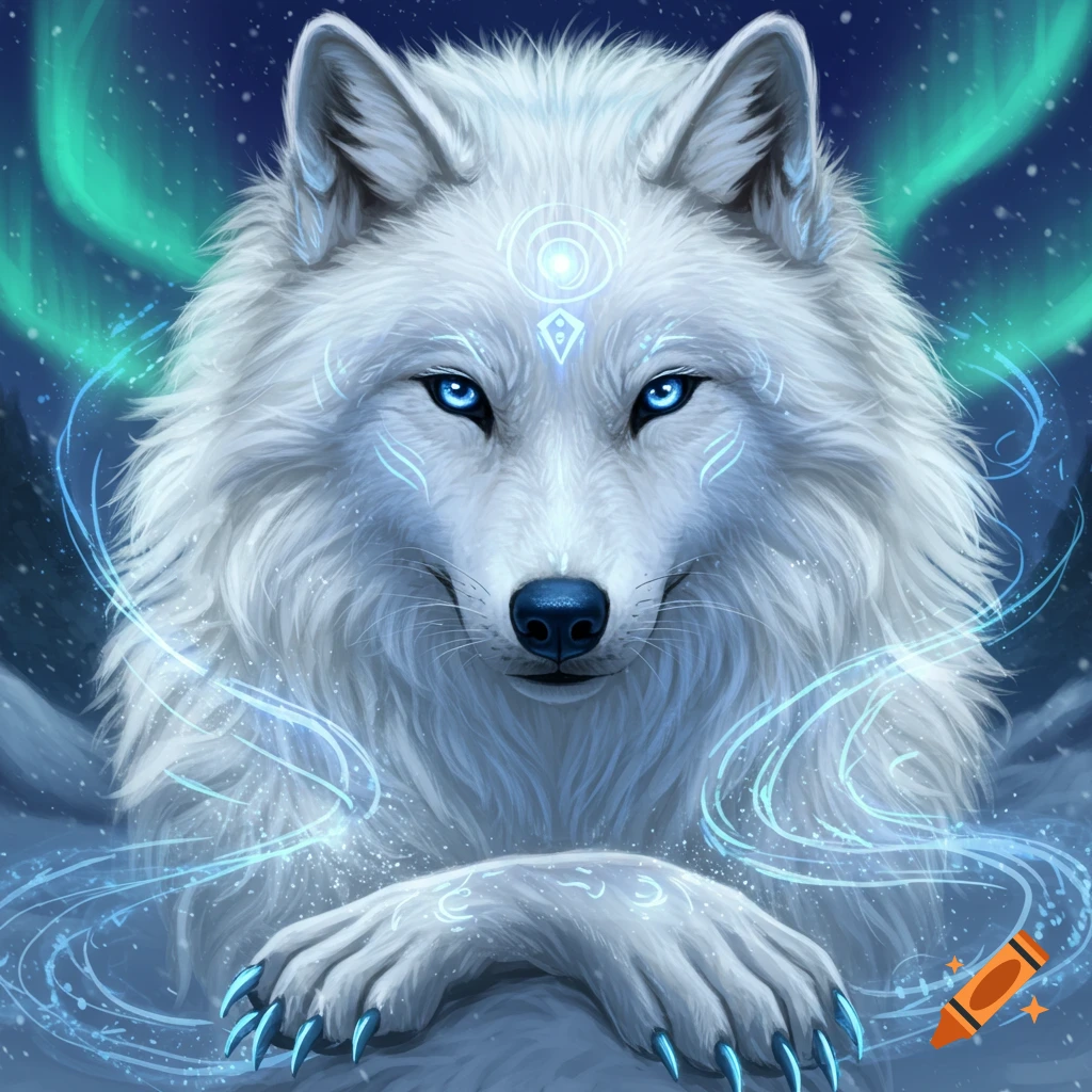 A white wolf with glowing blue eyes and mystical energy is pictured against a snowy night sky with aurora borealis.