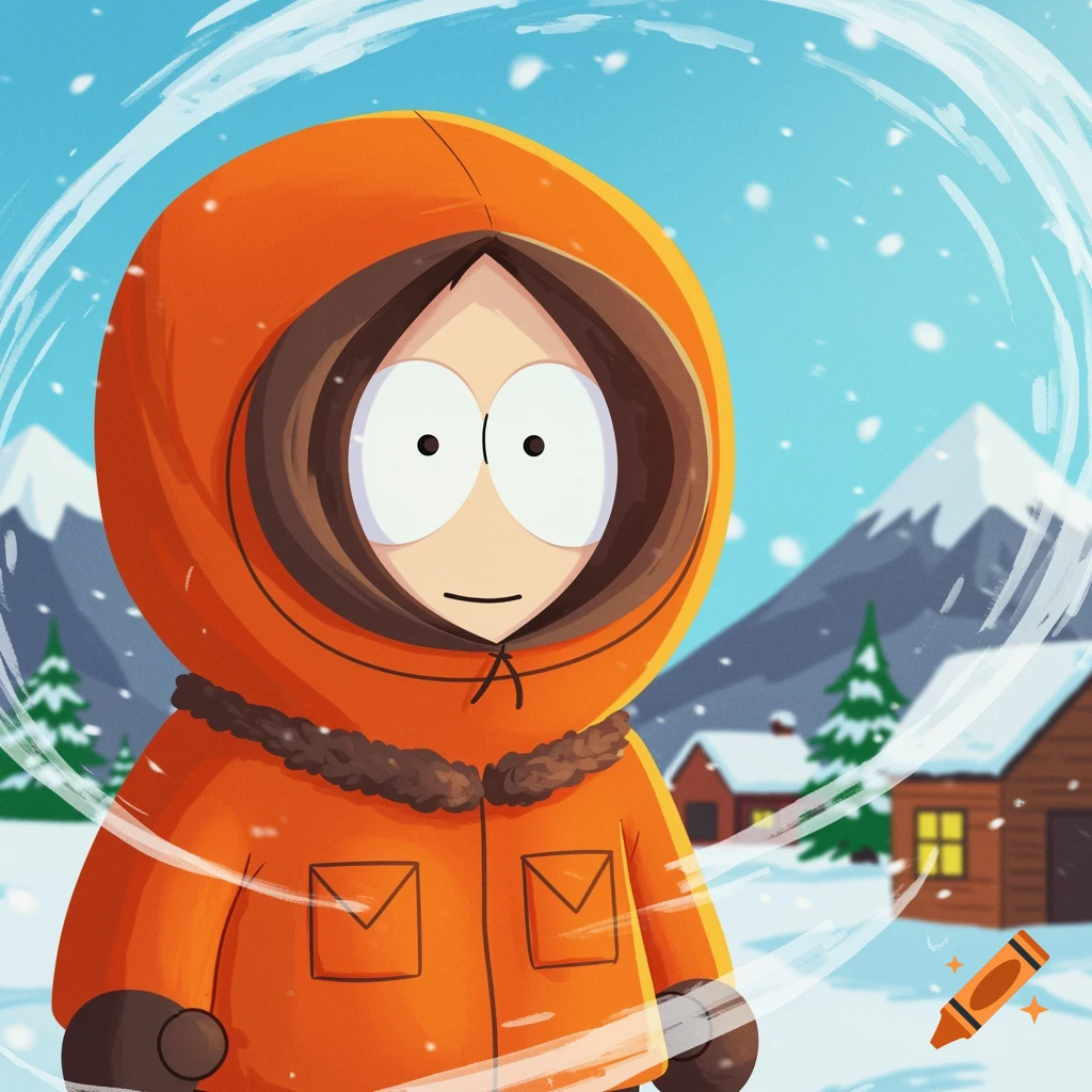 A cartoon of Kenny McCormick in an orange parka standing in a snowy South Park scene.