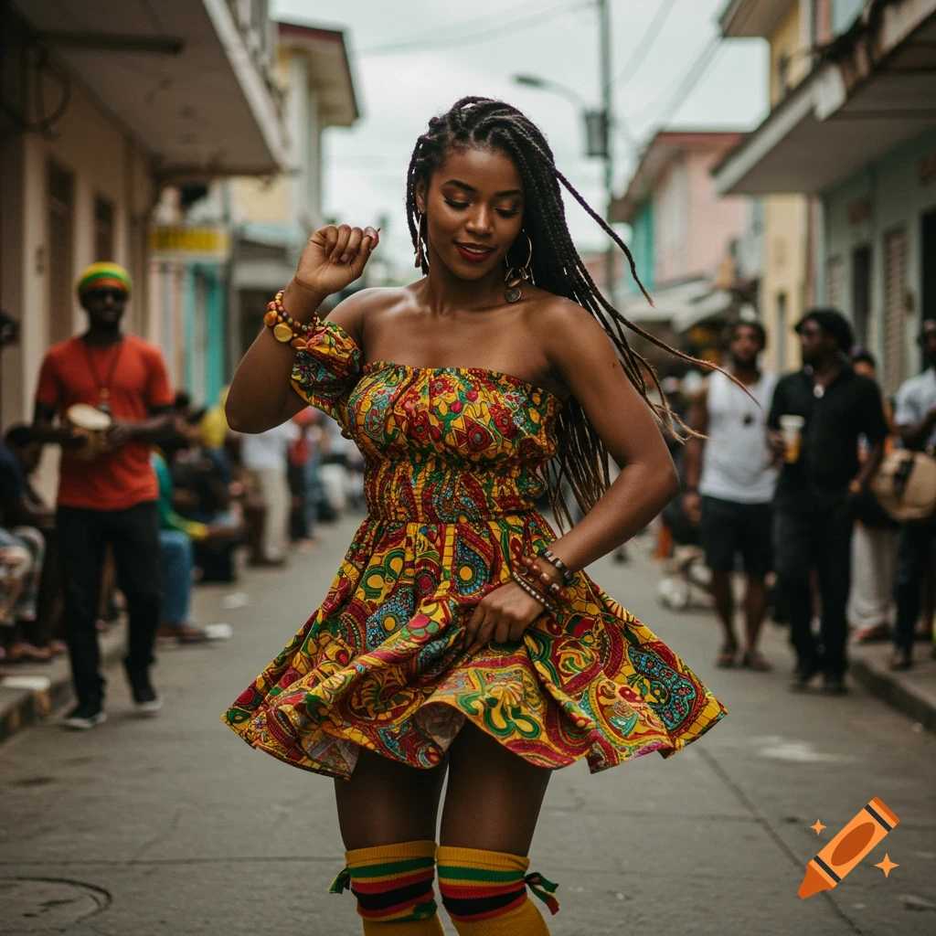 Woman in colorful dress dancing in a street with people in background