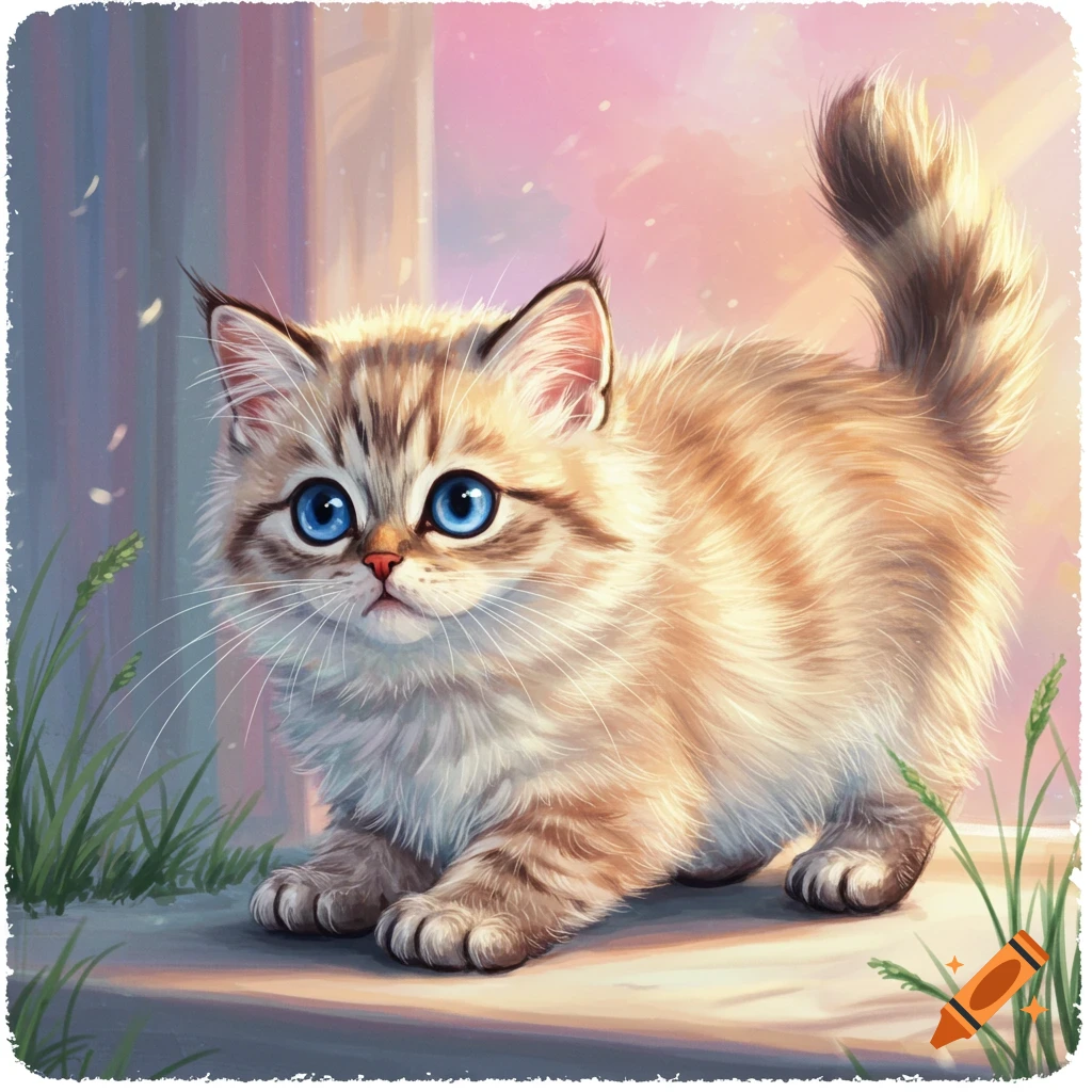 A fluffy kitten with blue eyes sits on a ledge.