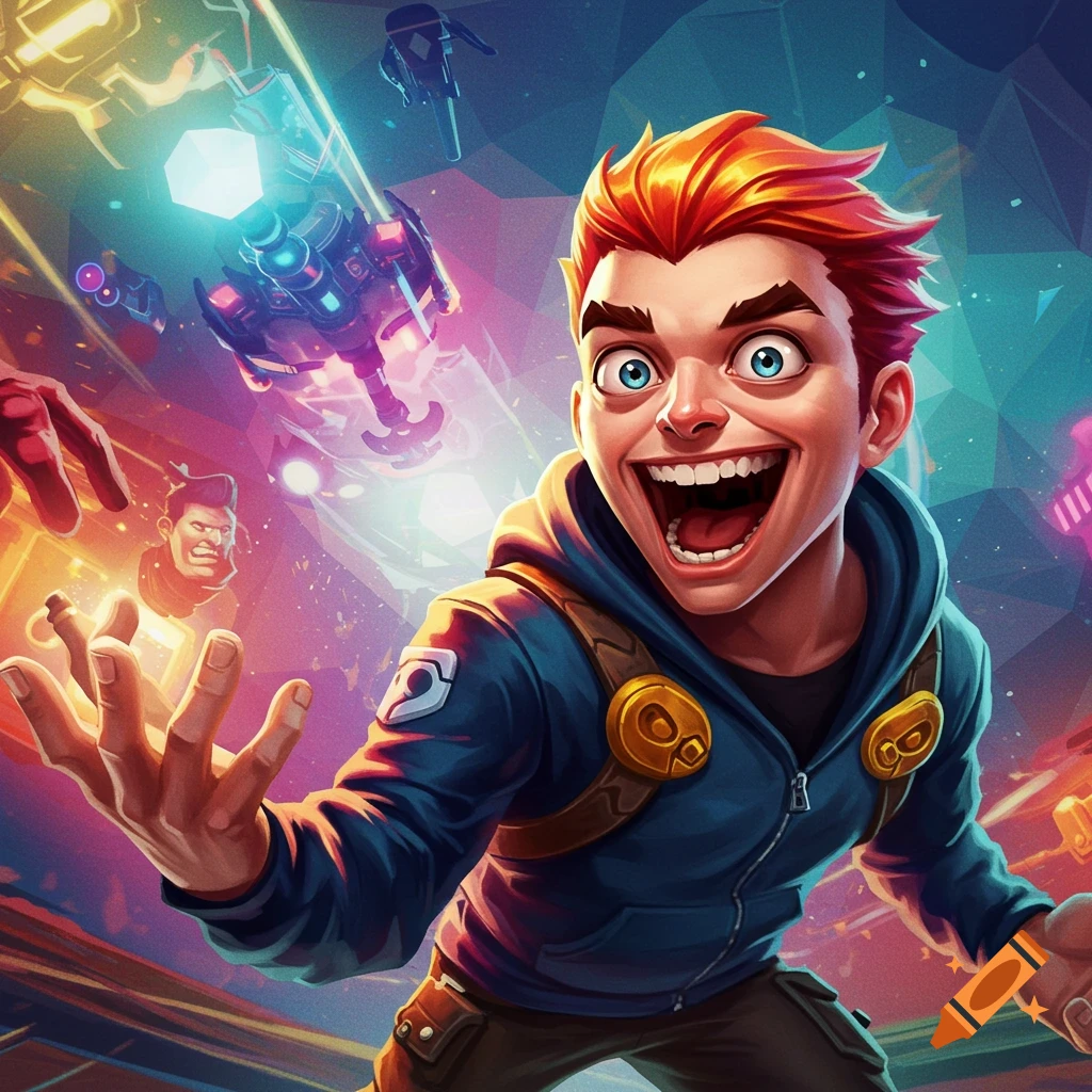Cartoonish man reaching forward in a sci-fi scene with robots and geometric background.