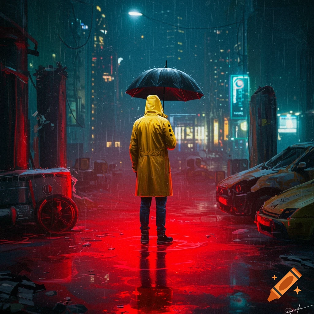 A person in a yellow raincoat with an umbrella standing in a red puddle on a rainy cyberpunk street at night.