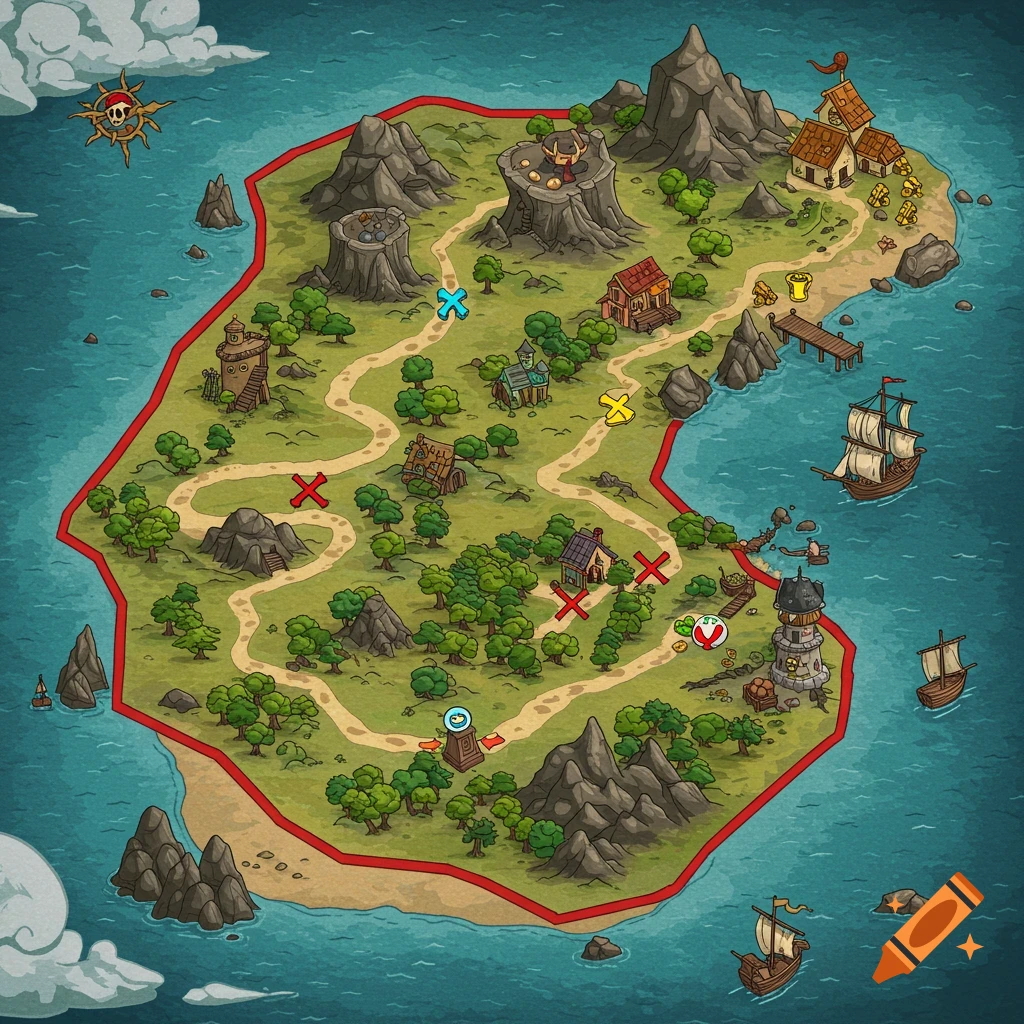 Illustrated overhead view of a fantasy island treasure map with mountains, trees, buildings, ships, and marked locations.