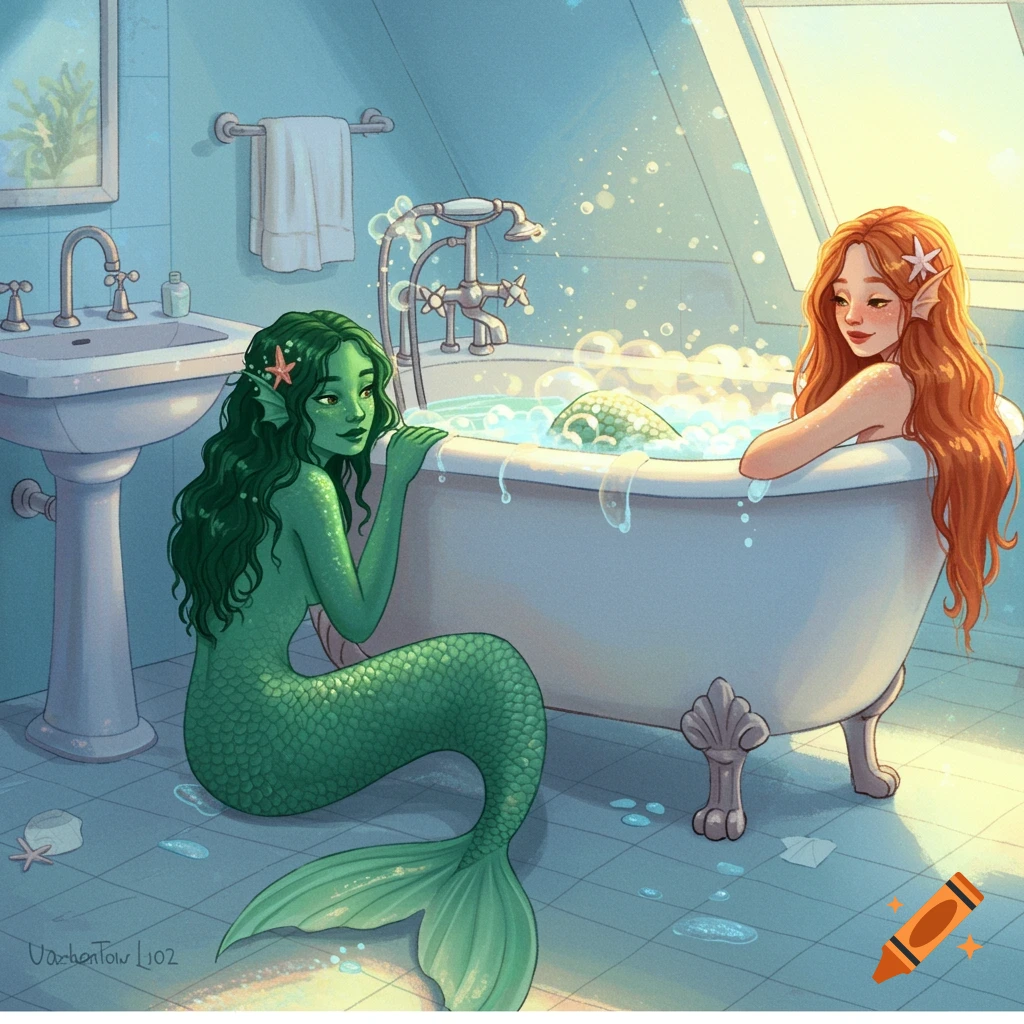 Two mermaids, one green and one red-haired, bathing in a clawfoot tub.