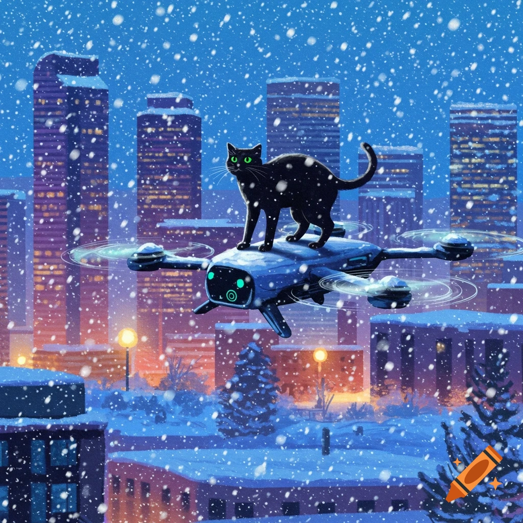 A black cat rides a drone over a snowy city at dusk.