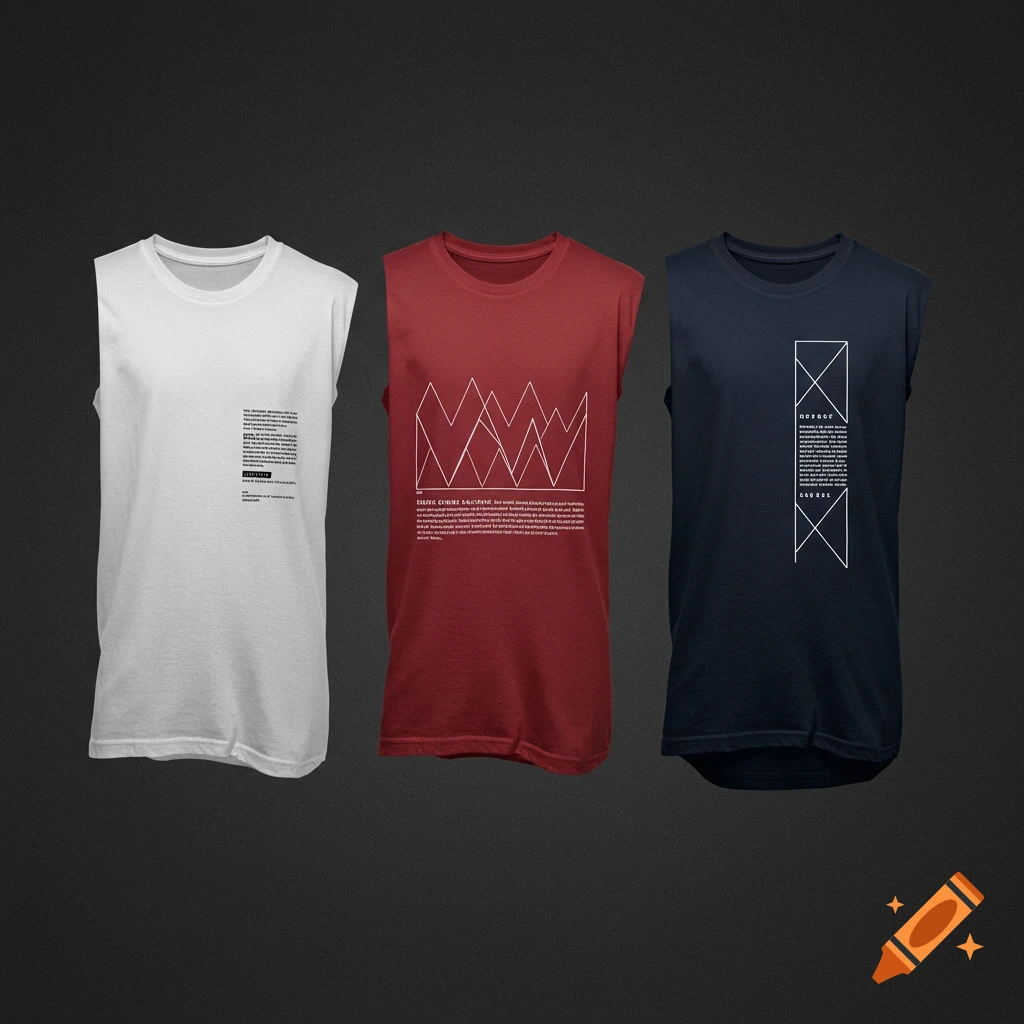 Three minimalist sleeveless t-shirts, white, red, and blue, with graphic designs and text.