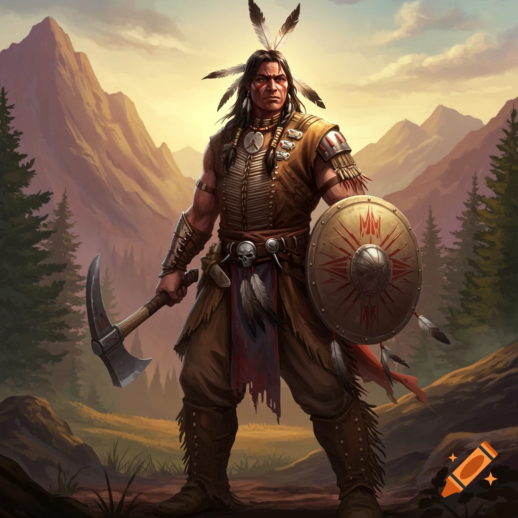 A fantasy image of a Native American warrior with a tomahawk and shield in a mountain landscape.