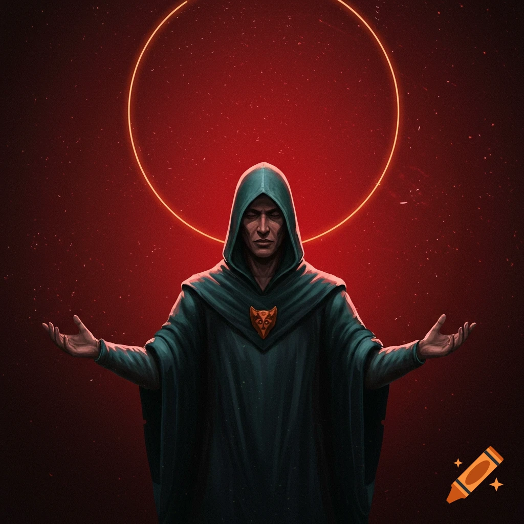 A hooded figure with outstretched hands against a red background and glowing circle.
