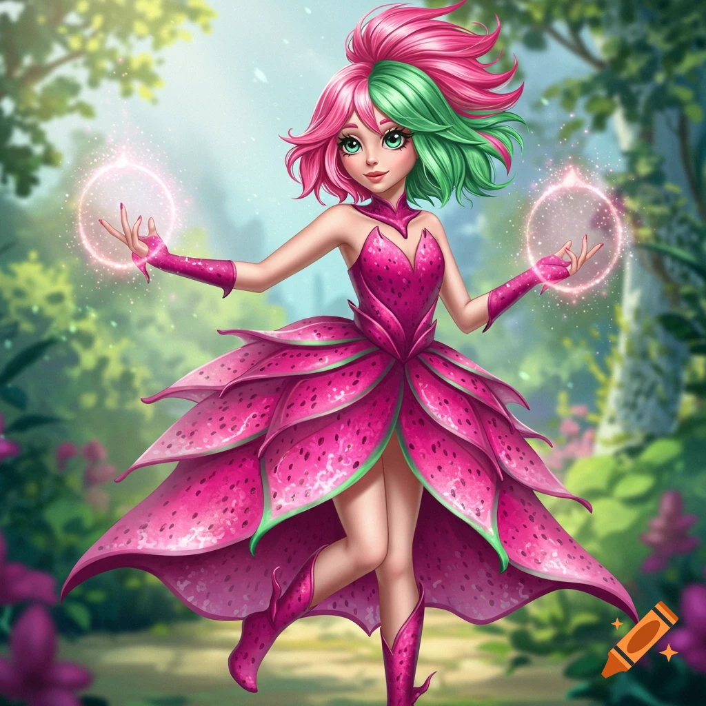 A magical girl with pink and green hair wears a dragon fruit inspired dress and holds glowing rings in a fantasy forest.