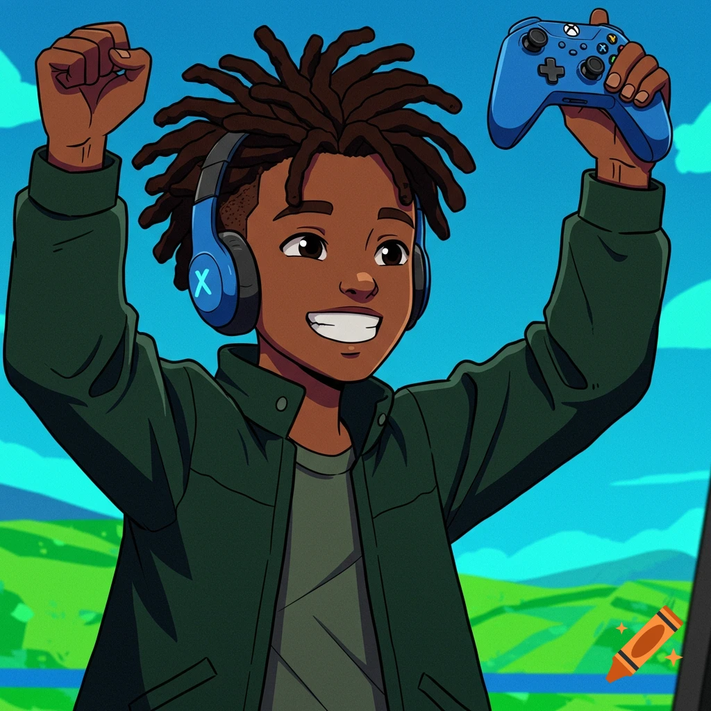 Anime boy with dreadlocks and headphones holds up a blue game controller, smiling.