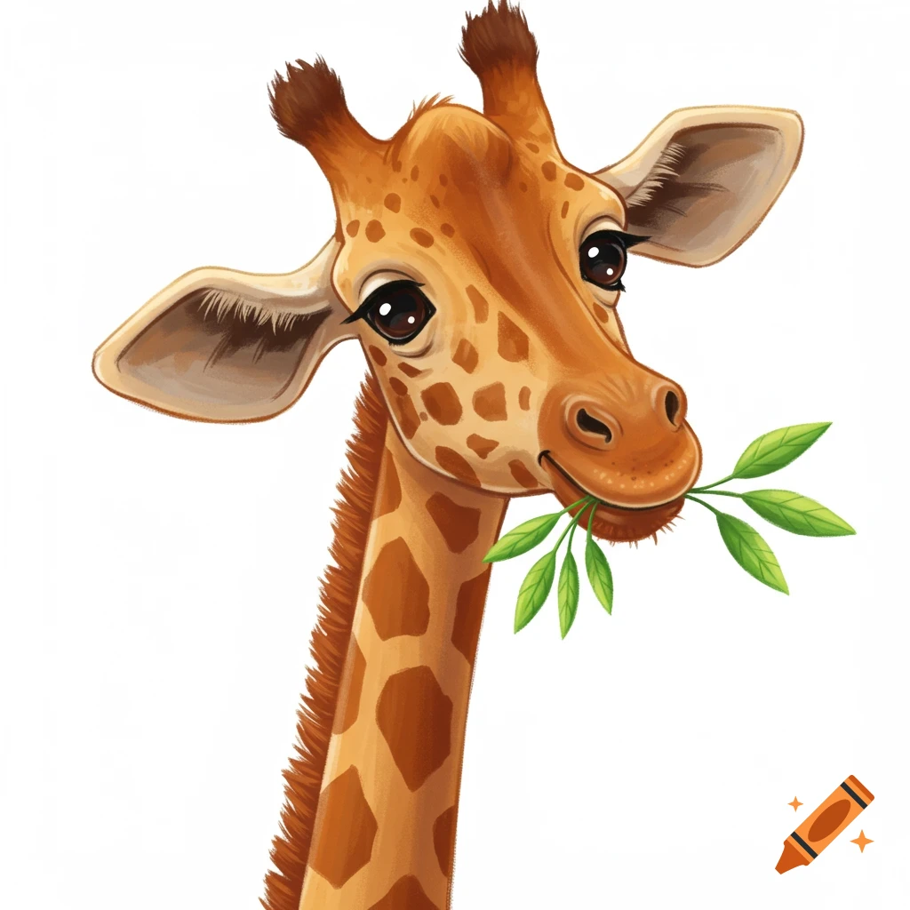 A friendly giraffe head eating green leaves