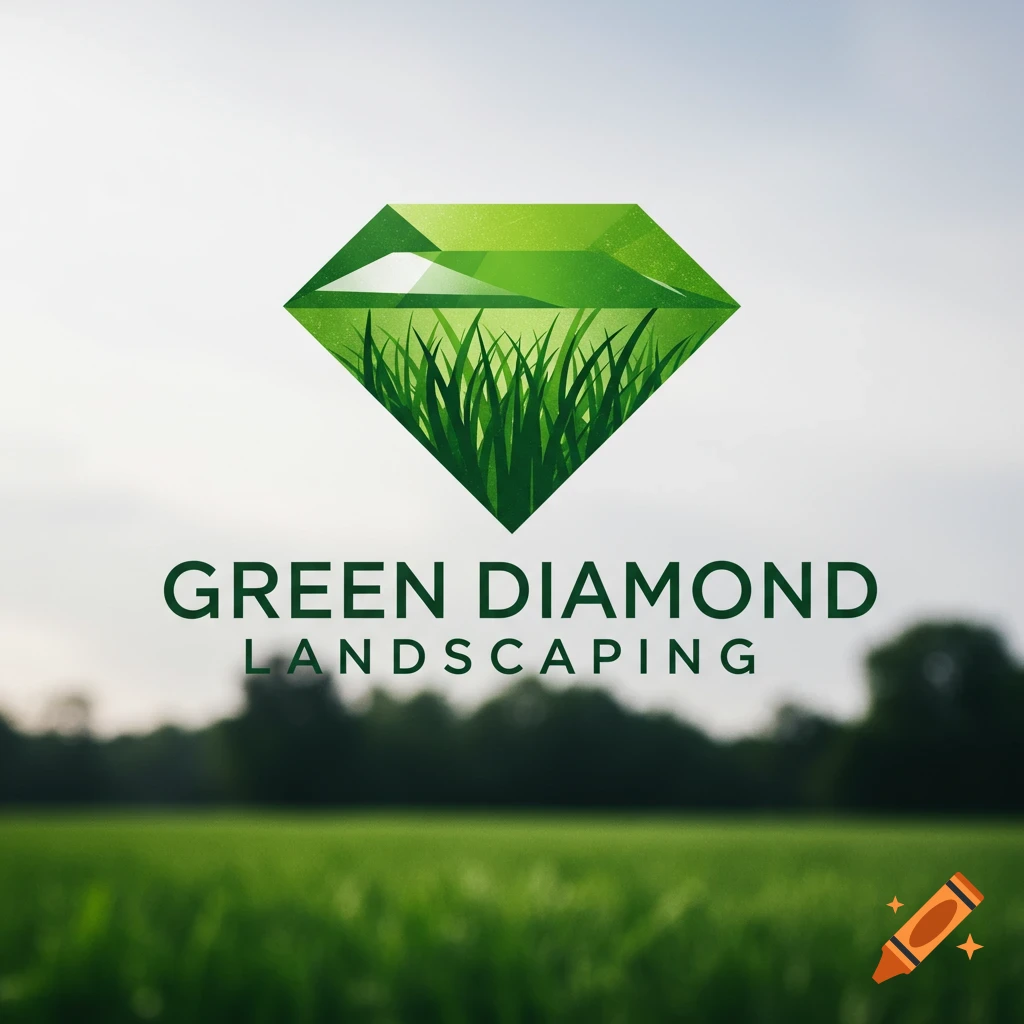 Logo for Green Diamond Landscaping featuring a green diamond shape filled with grass and the company name below it.