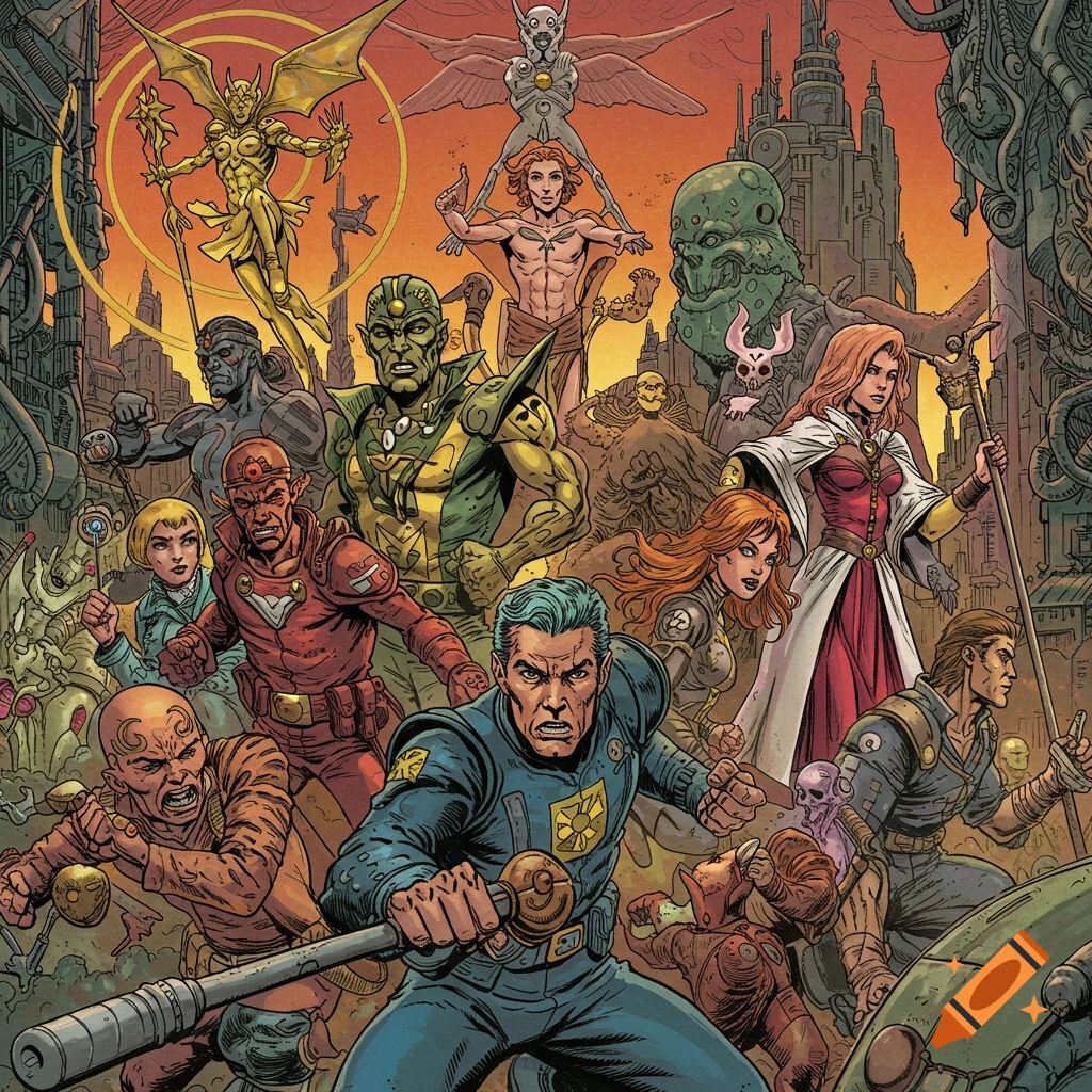 A large group of diverse fantasy/sci-fi characters in a detailed art style, with city background.