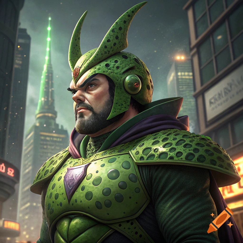 A man resembling Jack Black wears a detailed Perfect Cell costume in a futuristic city at night.