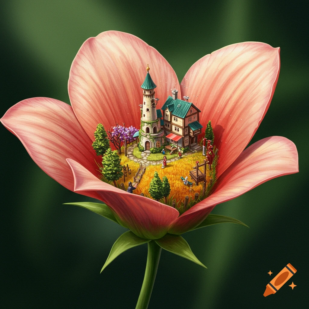 A miniature village with a house and tower nestled inside a pink flower petal.