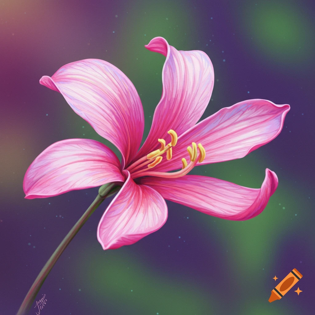 A pink lily against a blurry purple and green background.