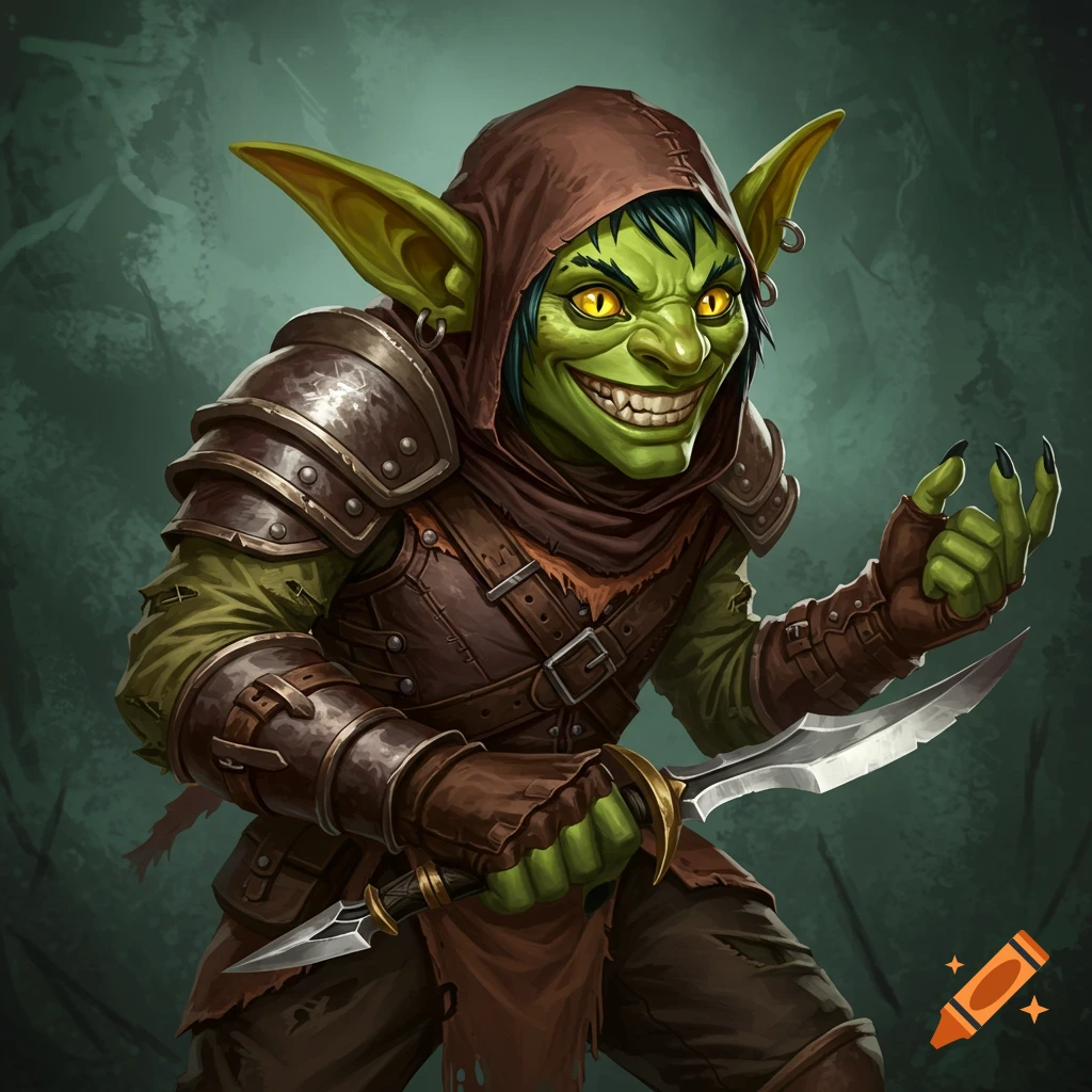 Image of a green goblin in armor holding a dagger.