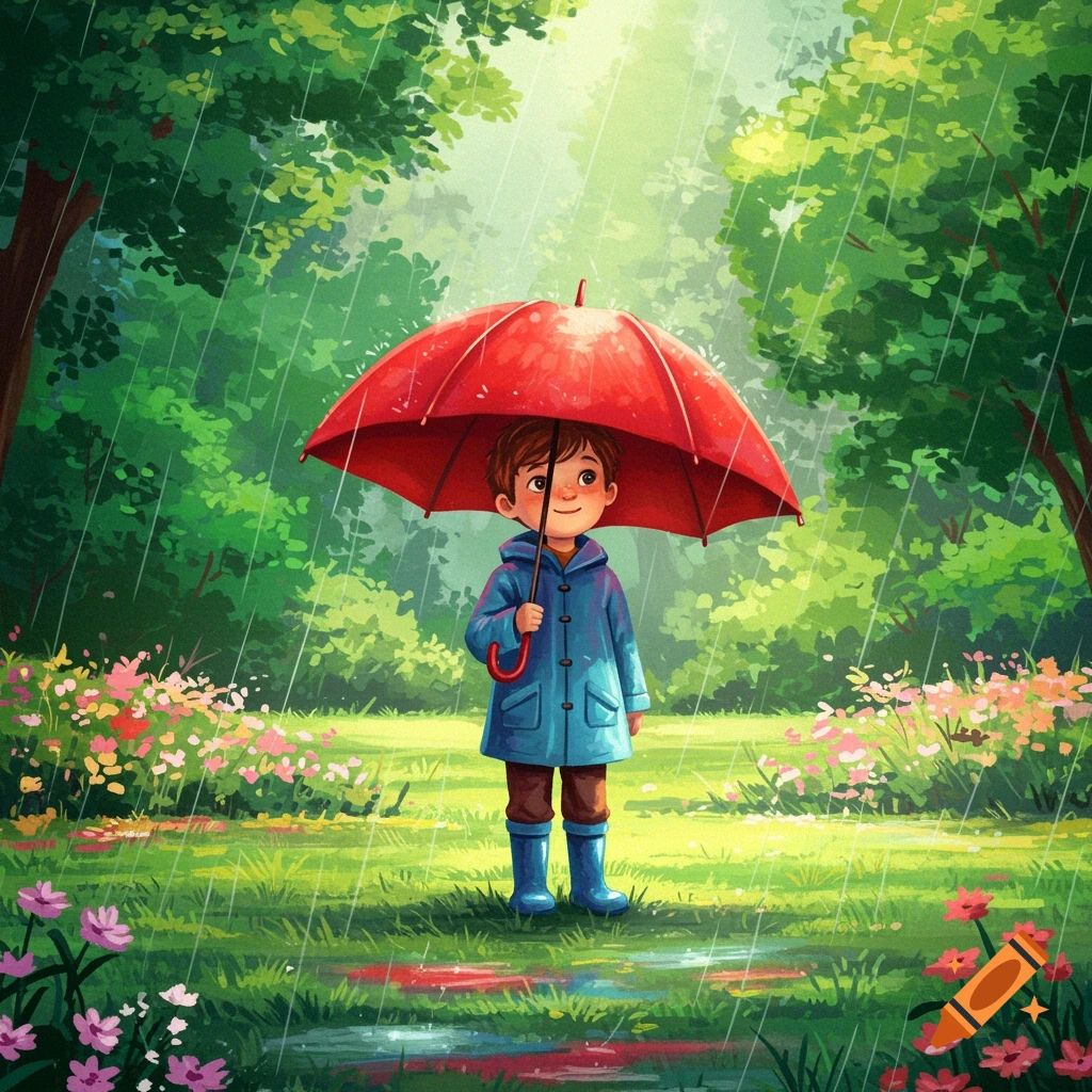 A boy in a blue raincoat holds a red umbrella in a rainy park filled with flowers.