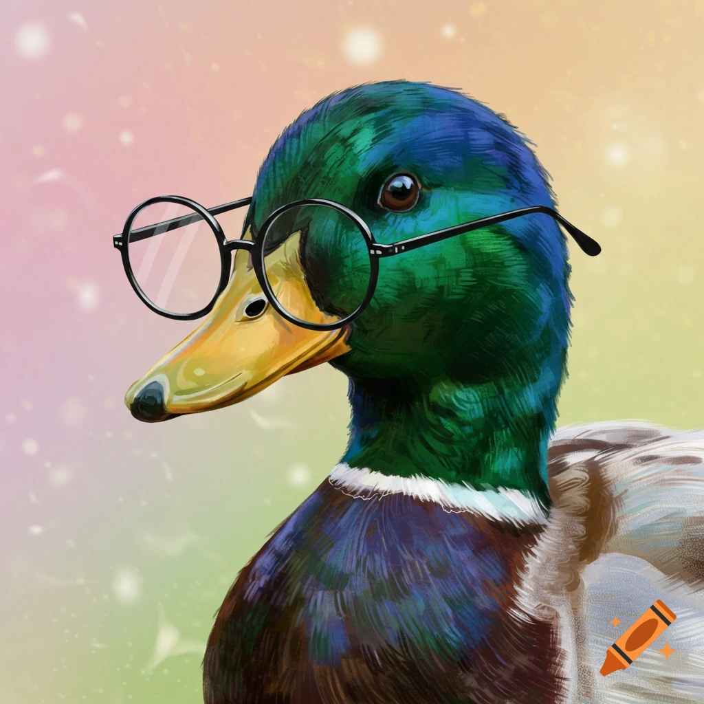 A mallard duck wearing round glasses.
