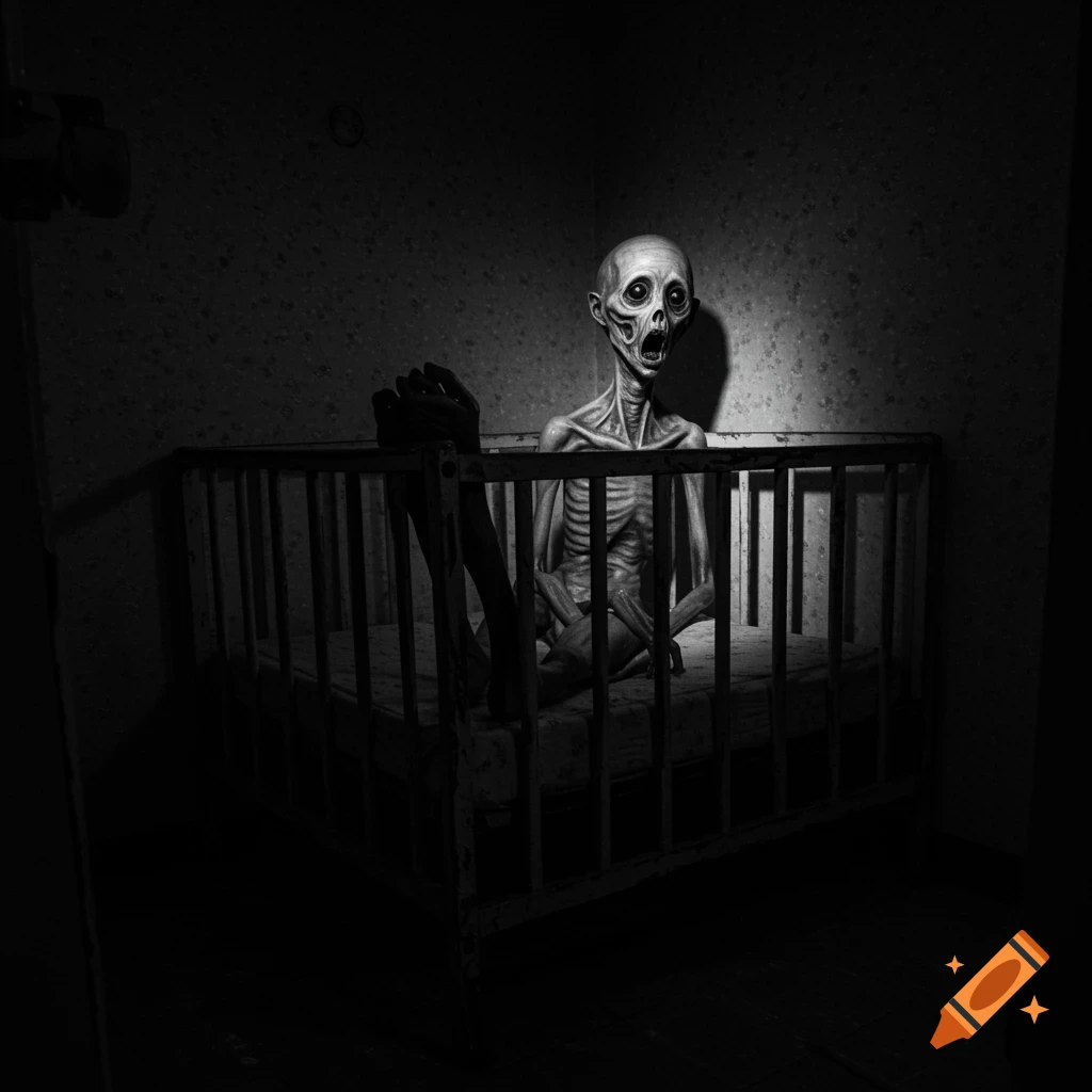 Skeletal creature in a baby crib in a dark, grainy horror style image.