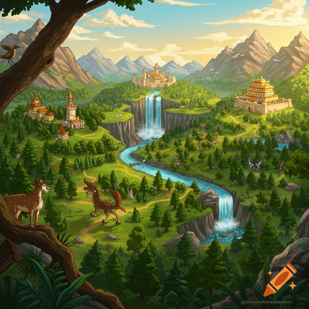 A sprawling fantasy landscape with castles, mountains, waterfalls, forests, and fantasy animals.