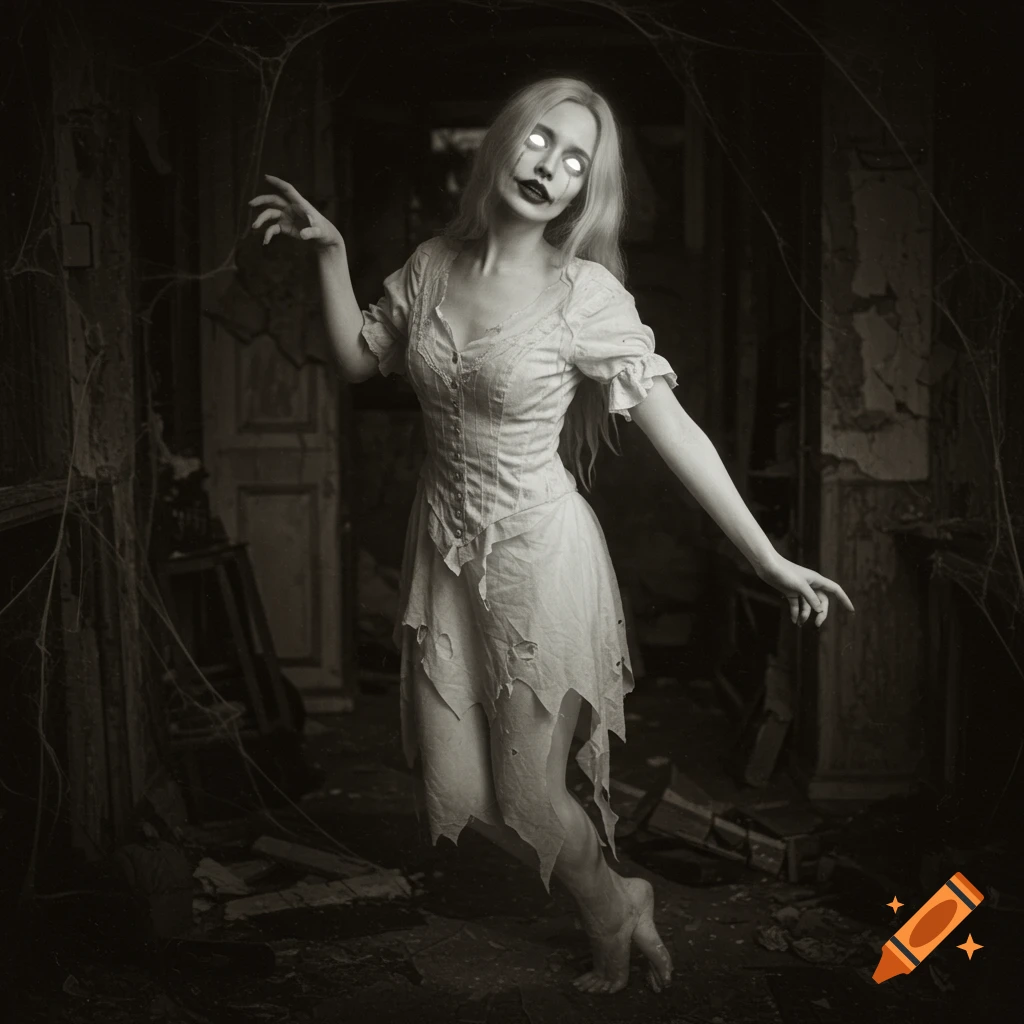 A spooky ghost-like woman with glowing eyes in a ripped dress stands in a dark, cluttered room. Photo.