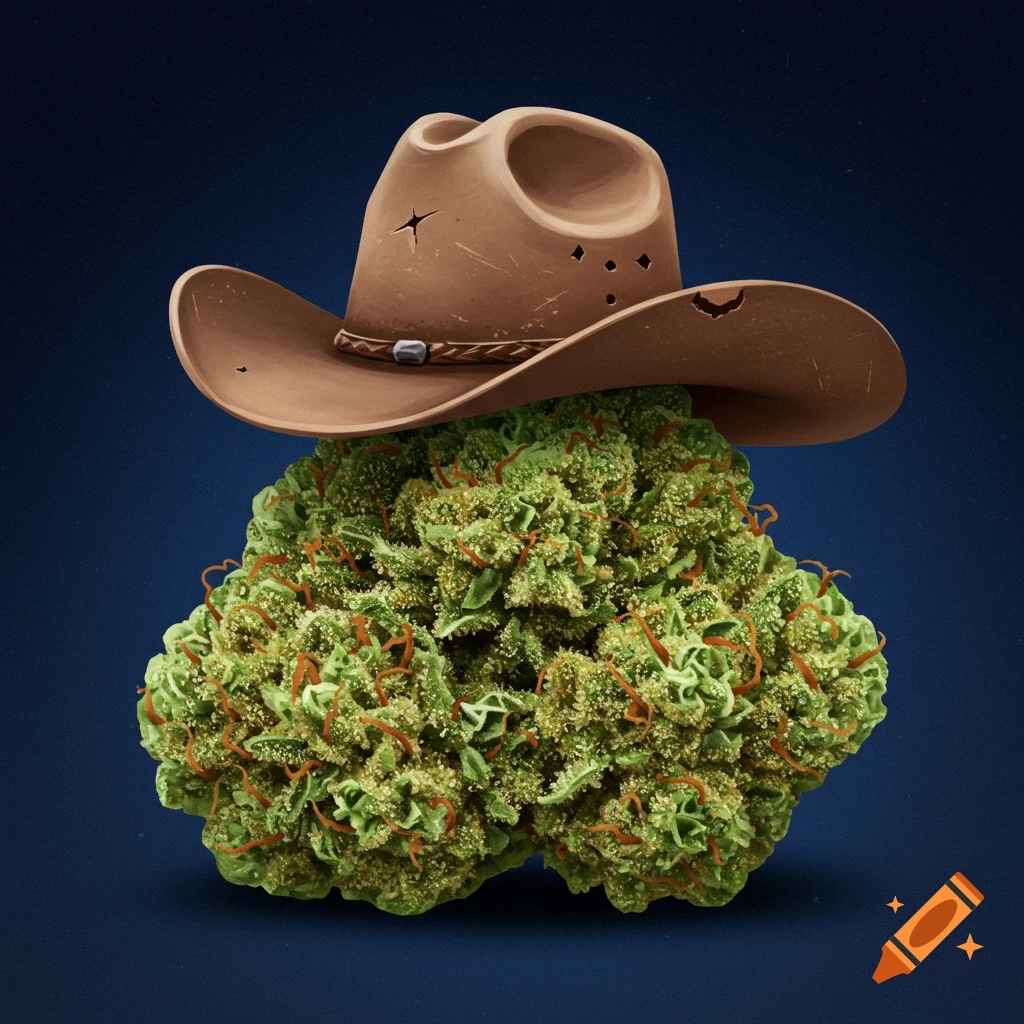 A cannabis bud wearing a cowboy hat.