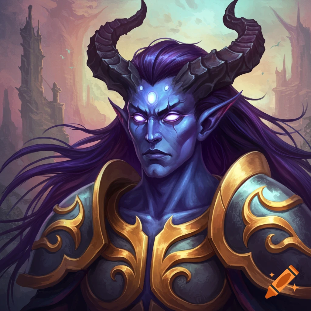 A blue-skinned fantasy creature with large horns, purple hair, glowing eyes, and golden armor.