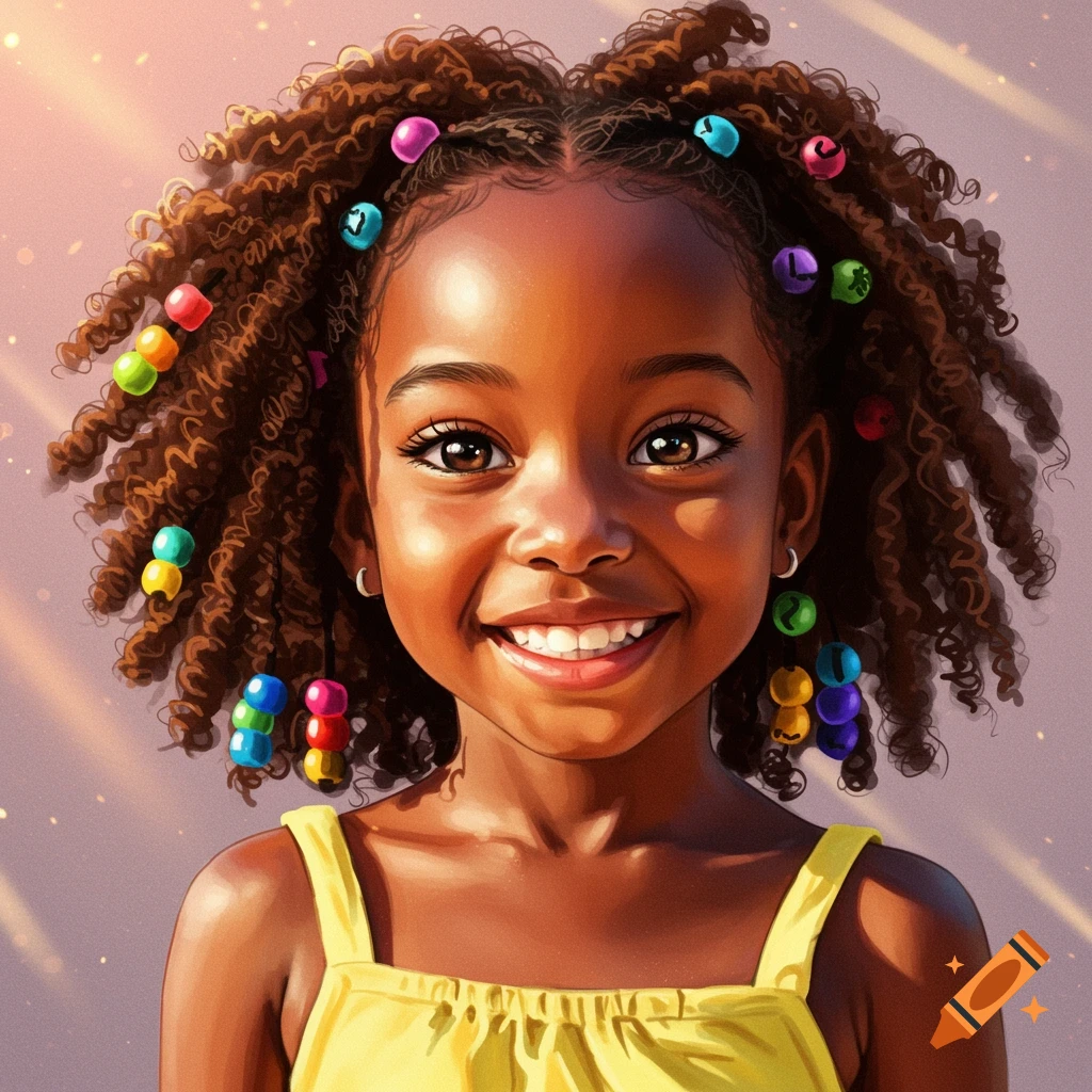 A young Black girl smiles with colorful beads in her hair.