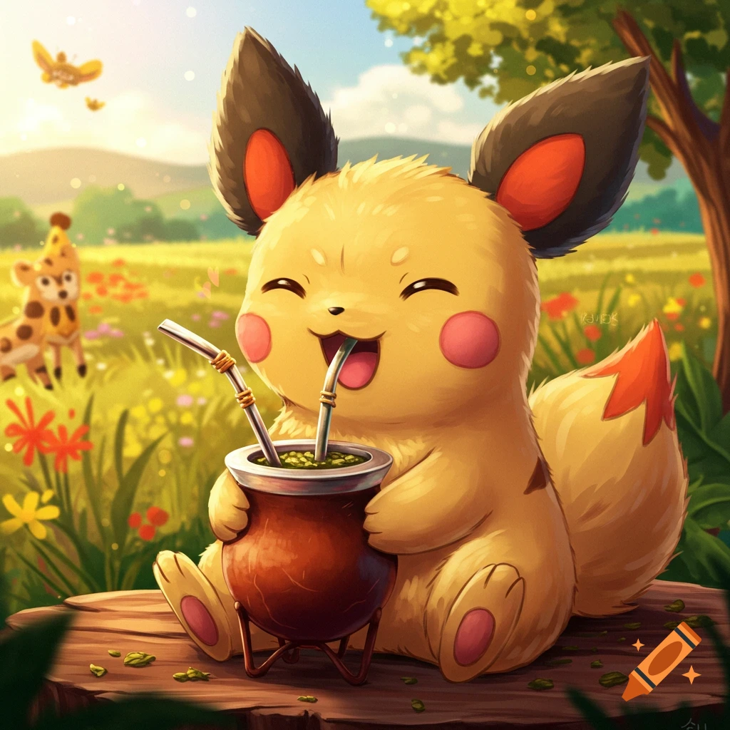 A yellow Pokemon-like creature happily drinks yerba mate from a gourd with straws in a sunny field.