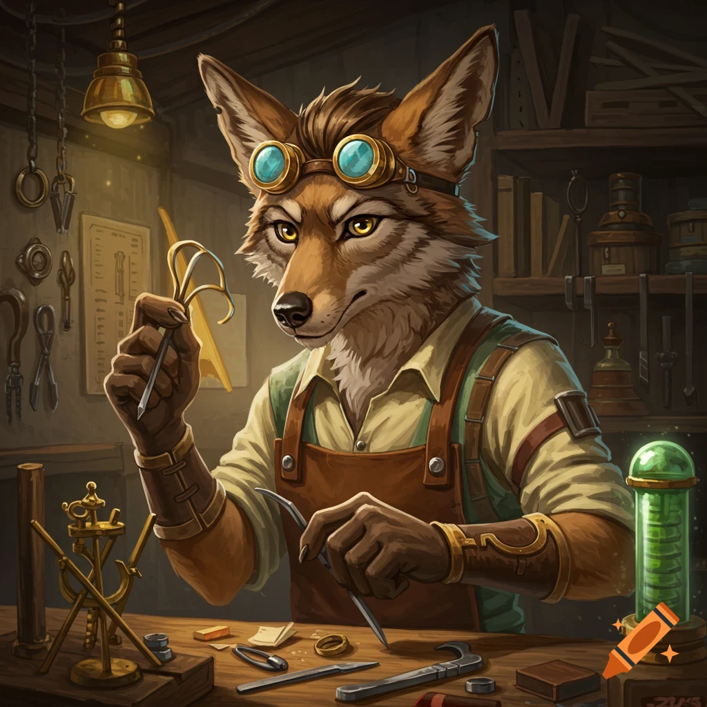 An anthropomorphic coyote wearing goggles and an apron works with tools in a cluttered workshop.