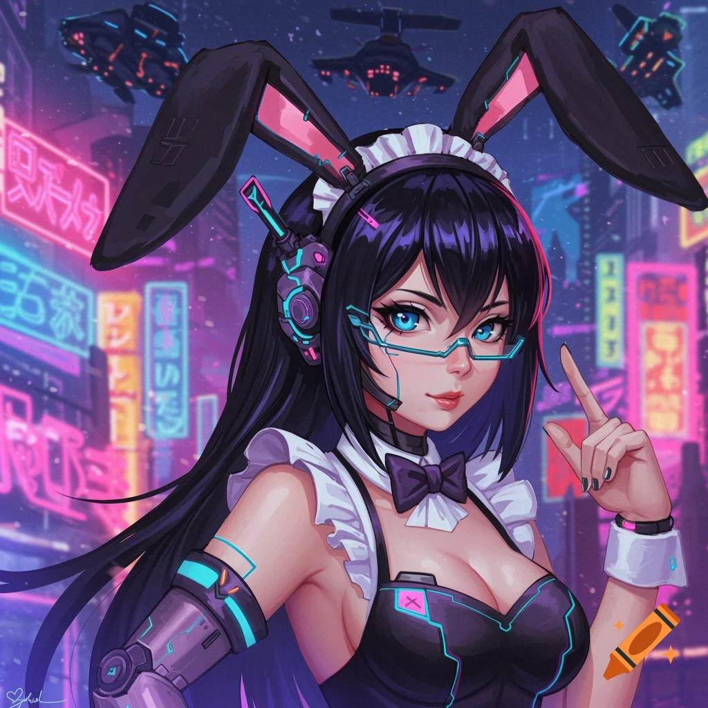 A futuristic anime bunny girl in a maid-like outfit stands in a neon cyberpunk city with spaceships.