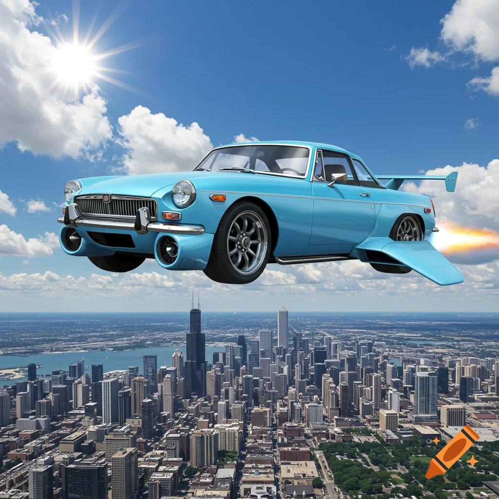A blue flying car soars above the city of Chicago.
