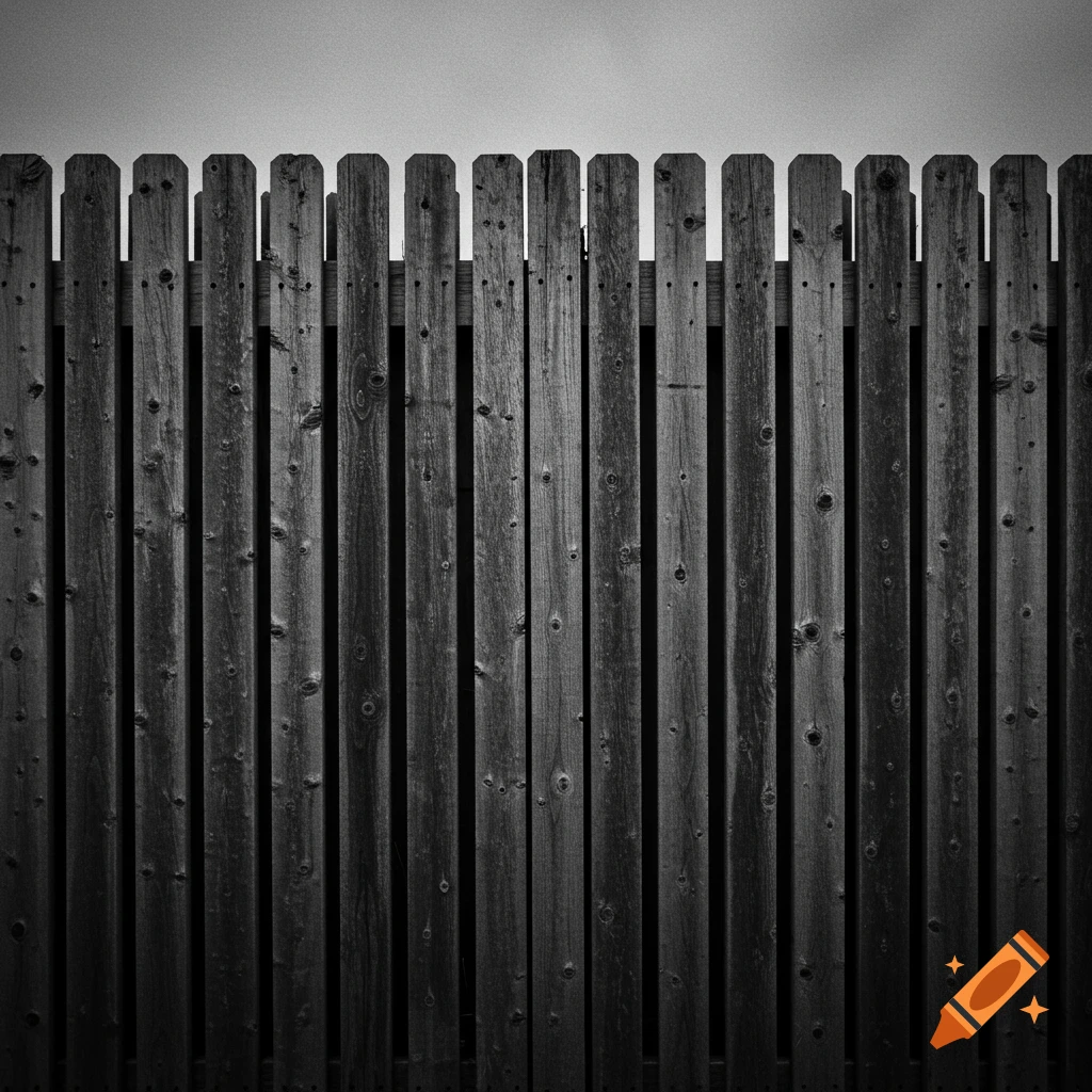 Black and white photo of a wooden privacy fence.