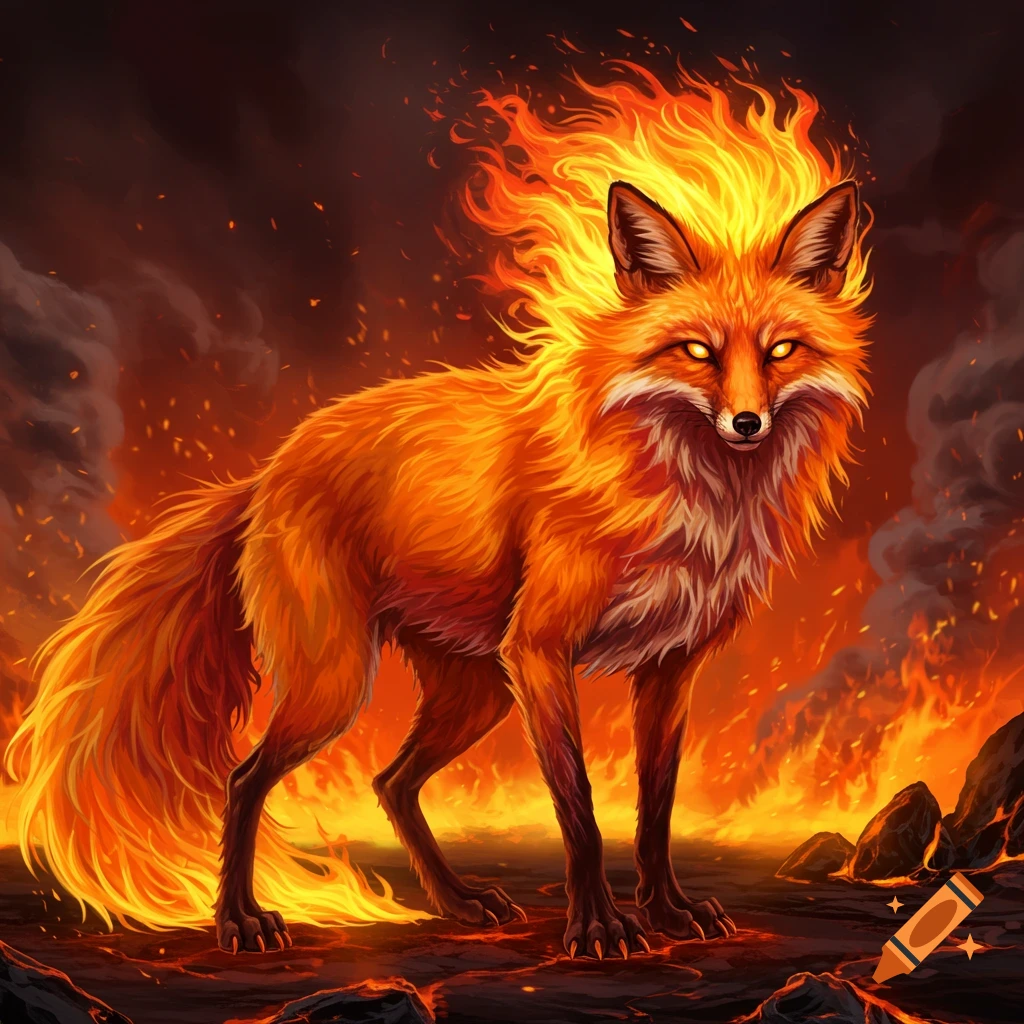 A fiery orange fox stands on volcanic ground surrounded by flames and smoke.