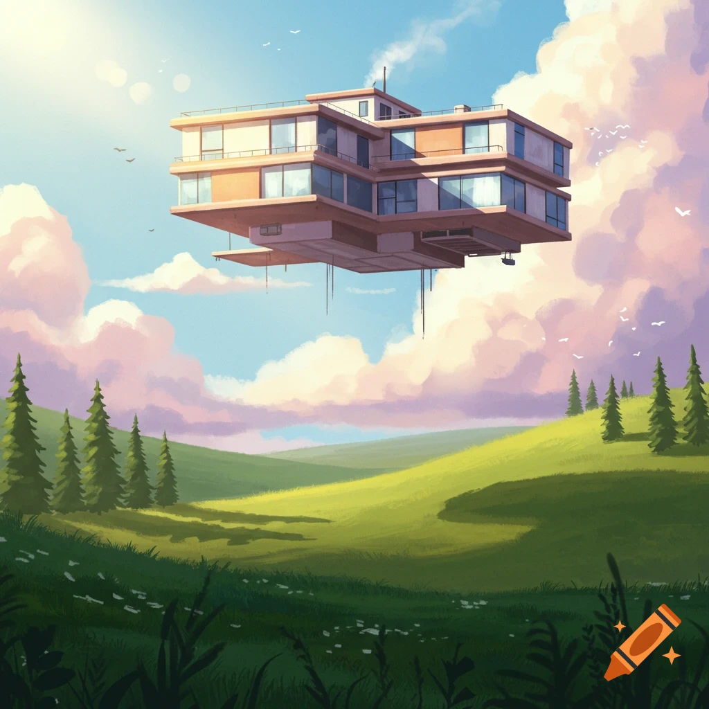 A modern building floats above a green landscape with trees under a cloudy sky.