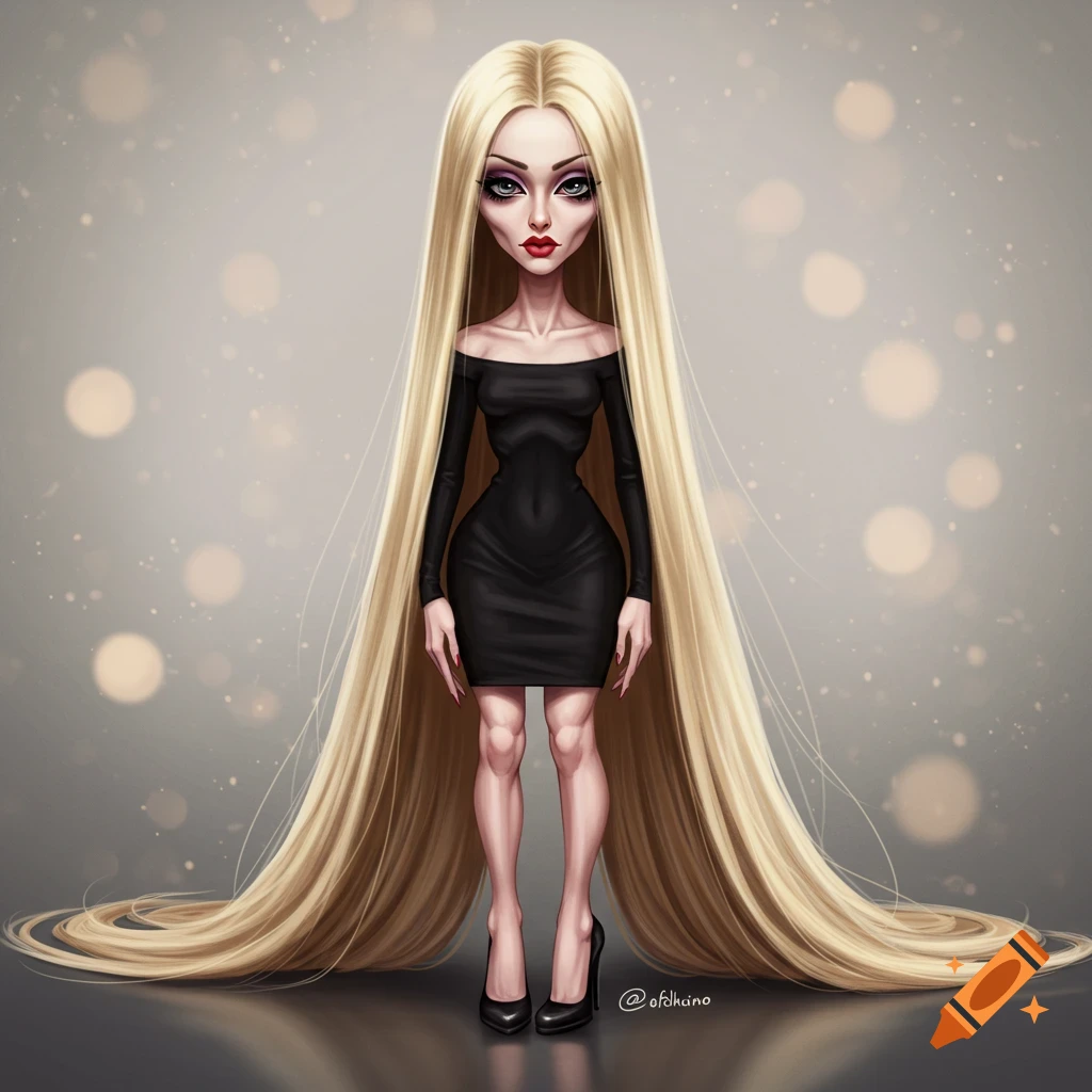 A stylized depiction of a woman with very long blonde hair, wearing a black dress and high heels.