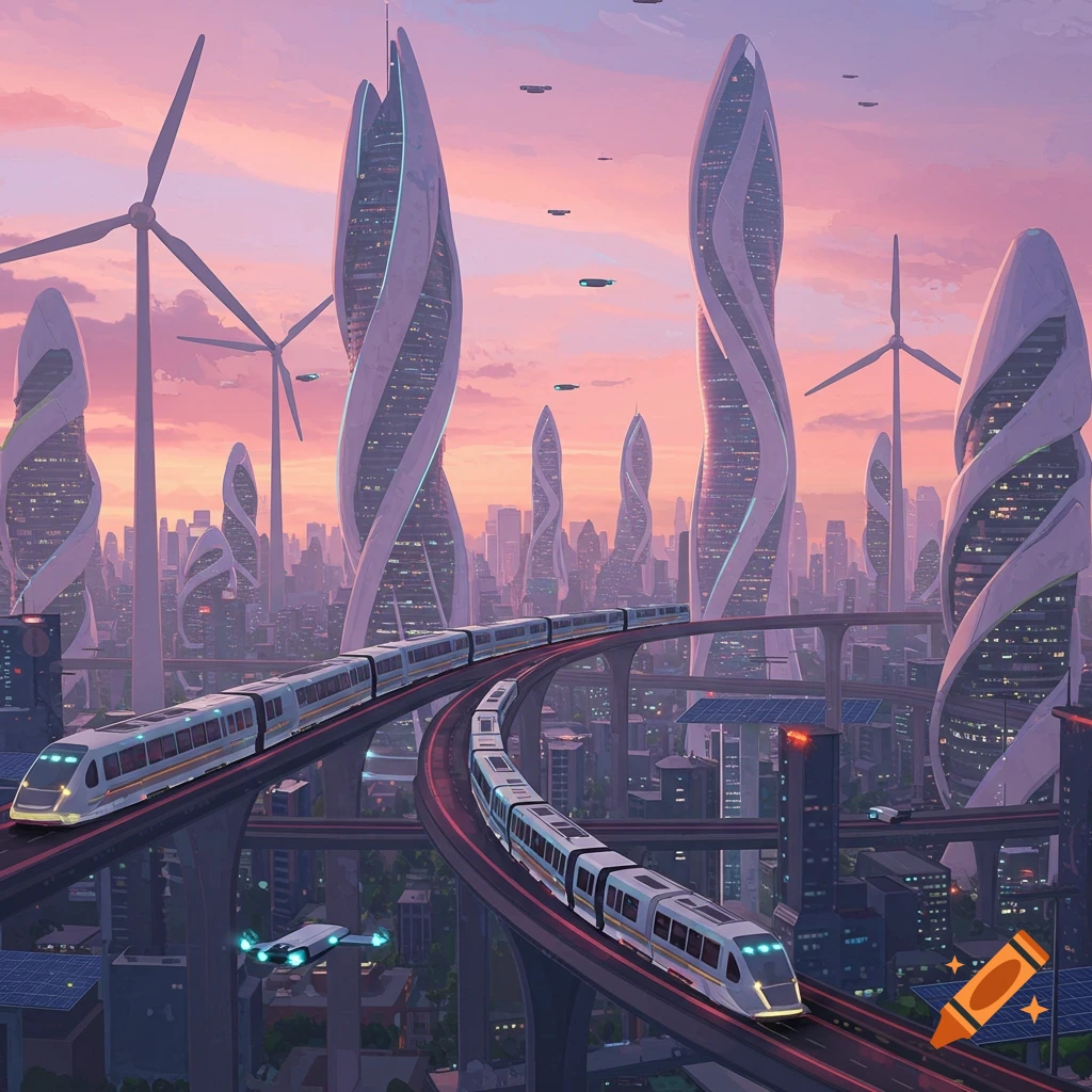 A futuristic city with twisted skyscrapers, elevated trains, and wind turbines at sunset.