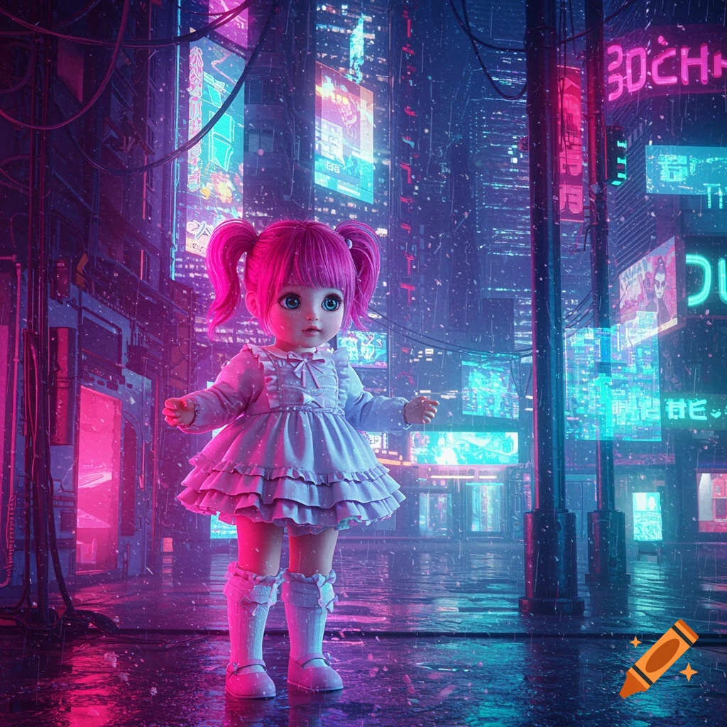 A doll with pink pigtails in a dress stands on a rainy street in a neon cyberpunk city.