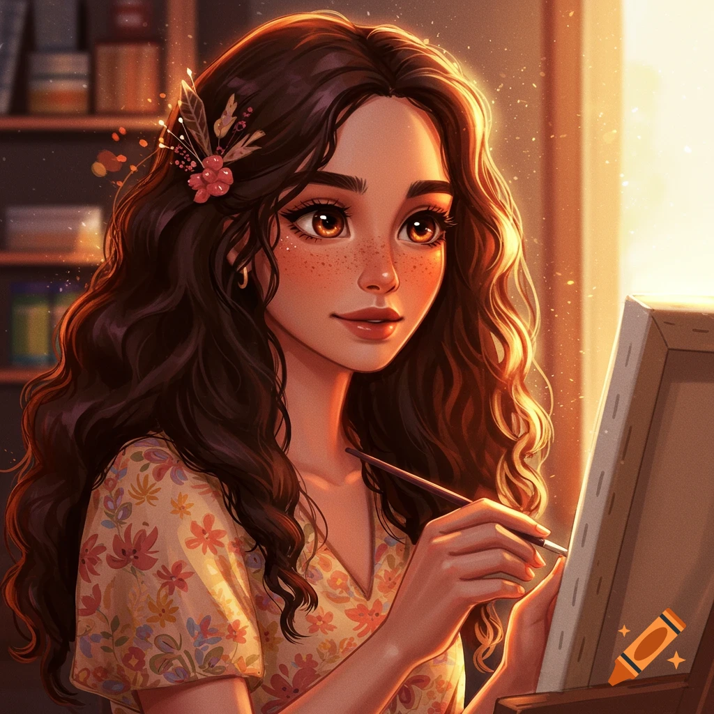 A young woman with long dark hair and freckles is painting on a canvas in warm light.